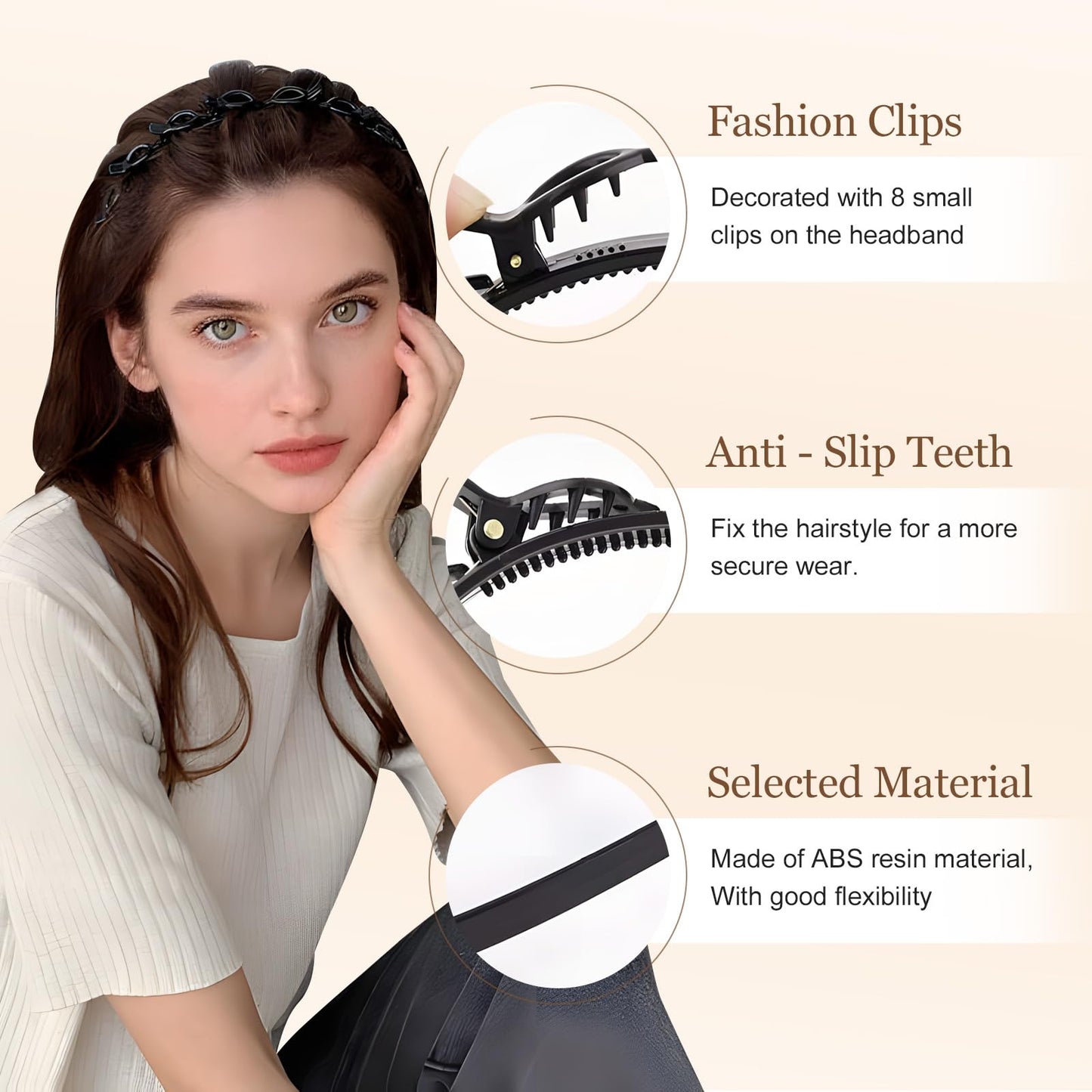 Headband with Clips 2 Pcs Bangs Hairstyle Hairpin Headband with 8 Clips Each, Multi Layer Toothed Braid Tool for Easy DIY Hairstyles, Hair Styling Accessories for Women Girls (Black × 2, One Size)