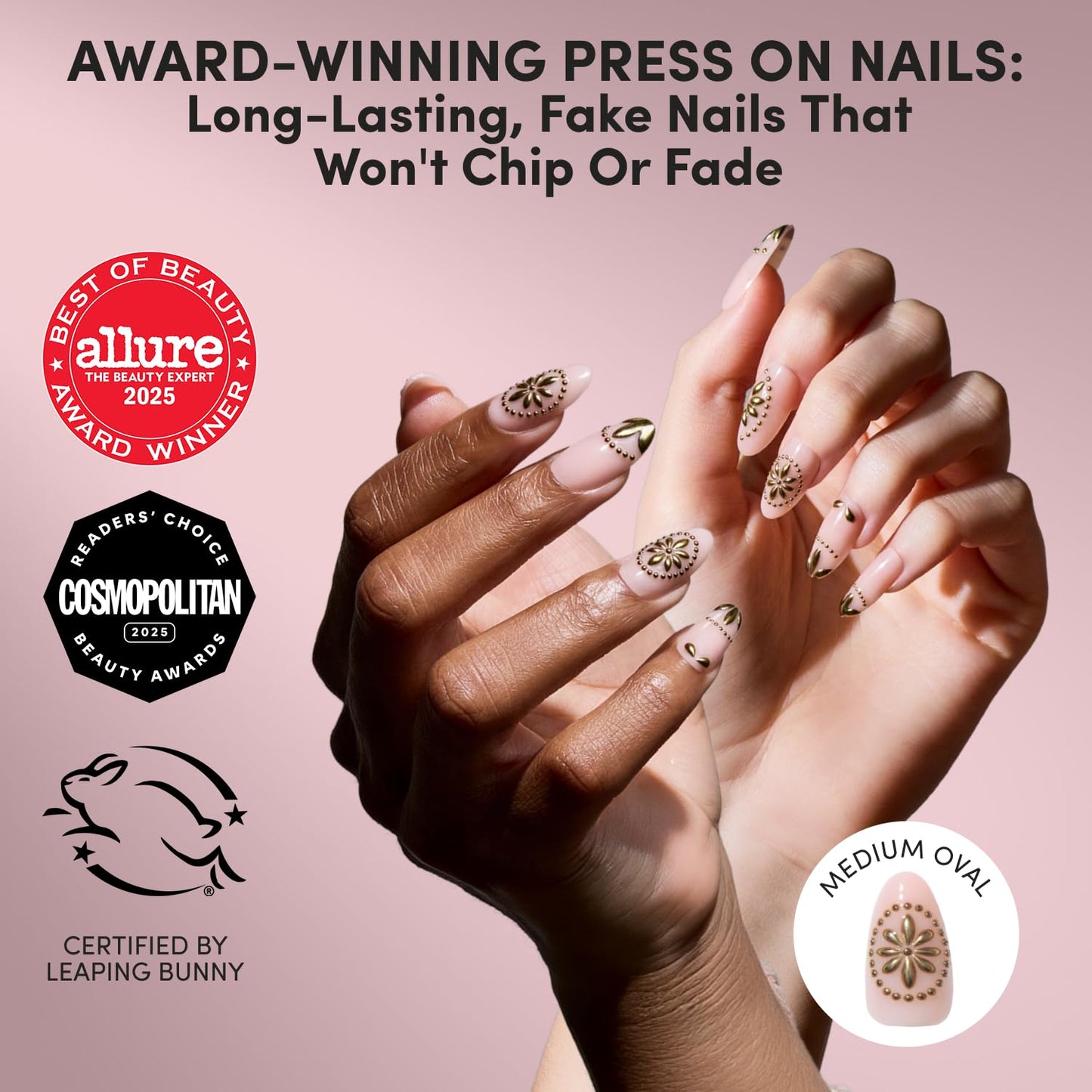 Glamnetic Press On Nails - Athenian Gold | Medium Oval Fake Nails with 3D Raised Gold Foil, Glossy Finish | Salon Quality Vacation Nails | 15 Sizes - 30 Nail Kit with Glue