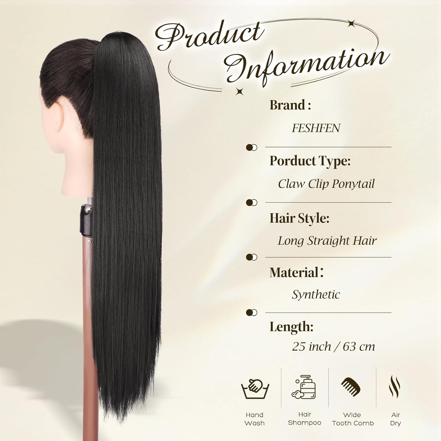 Claw Ponytail Extensions - Long Straight Synthetic Hairpieces for Women | Natural Black, 25 Inch