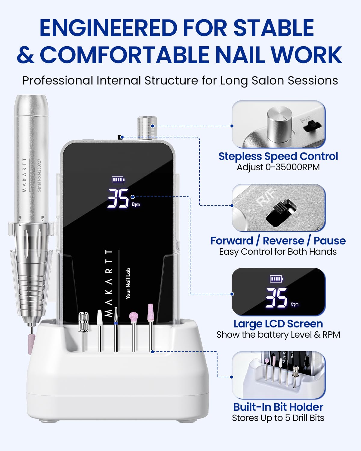 Makartt Nail Drill Professional, 35,000RPM Electric Nail File for Acrylic & Gel Removal, 60W Coreless Motor, 2-in-1 Desktop & Portable, LCD Display, Rechargeable, Quiet, F&R, Nouvella Black