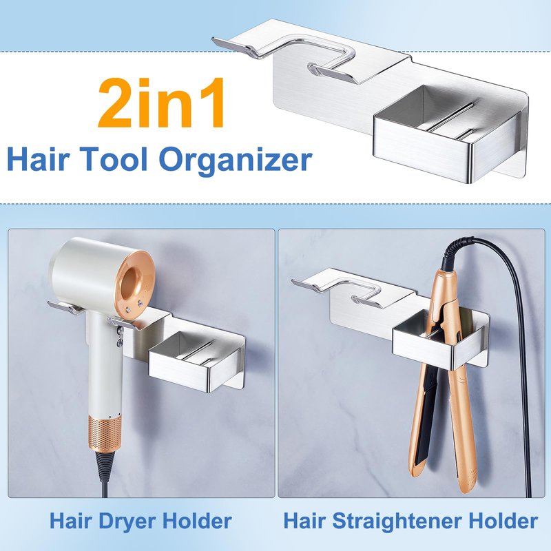 Hair Dryer Holder Wall Mounted, Hair Straightener Holder Metal, Adhesive Blow Dryer and Hair Straightener Holder, Bathroom Bedroom Hair Tool Organizer for Flat Iron,Curling Iron,Hairdryer (Sliver)