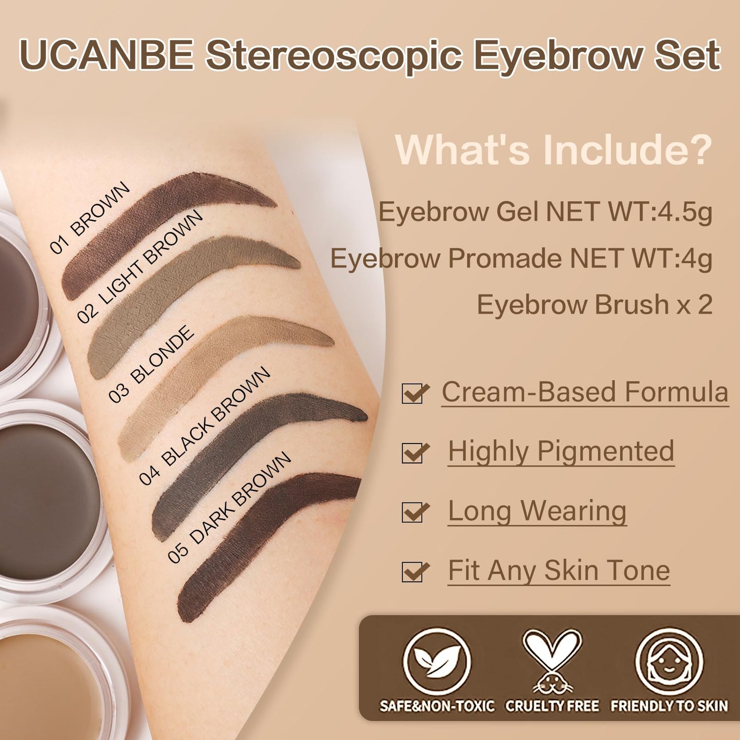 UCANBE Waterproof Eyebrow Gel + Eyebrow Styling Wax 2 in 1 Makeup Kit with 2 Pcs Dual-ended Adjustable Freely Eyebrow Brush Makeup Long Lasting Eyebrows (01 Gel/Brown Pomade, Standard)