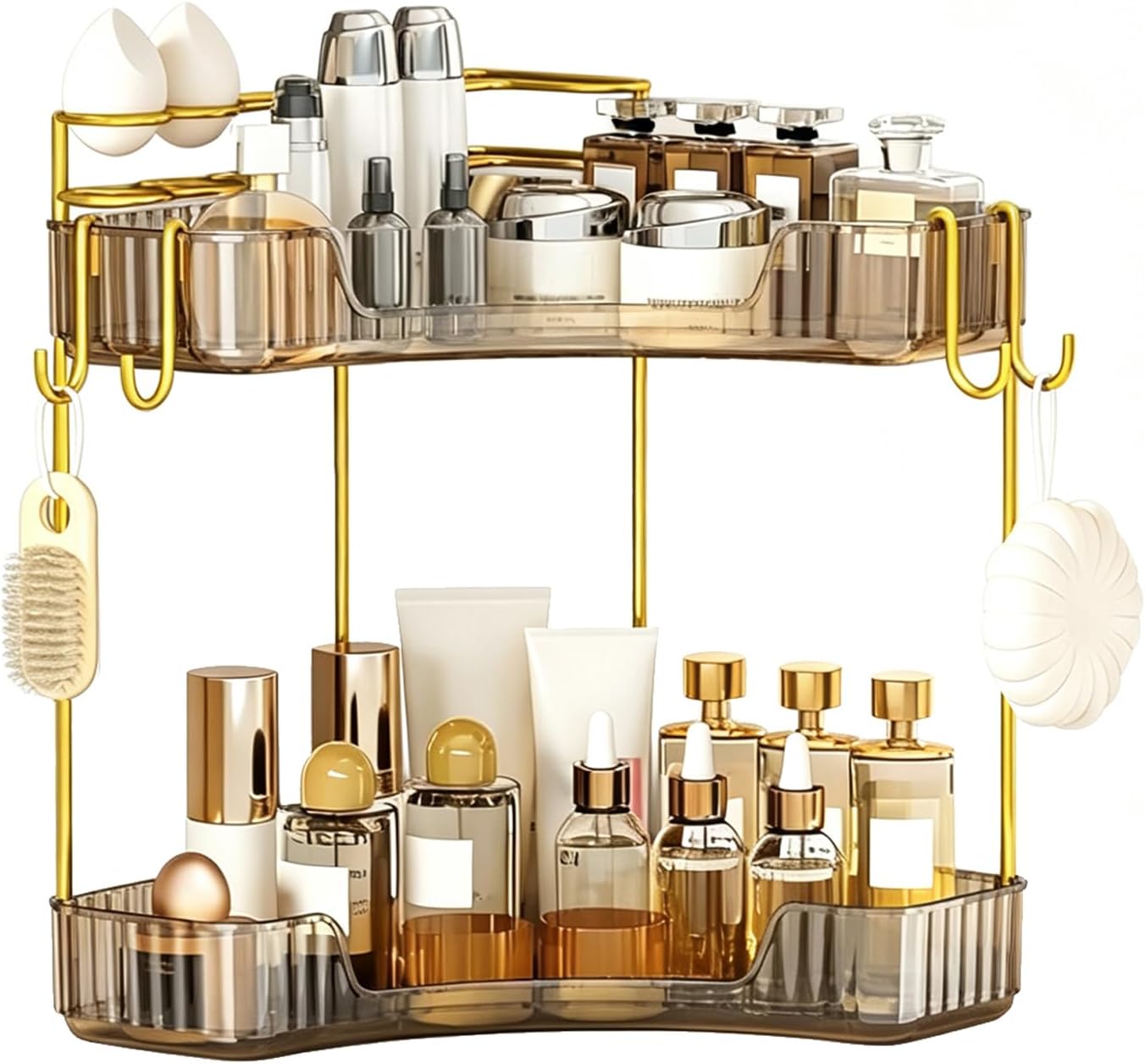 3-Tier Corner Bathroom Organizer - Makeup & Skincare Shelf with Built-in Brush Holder | Space-Saving Amber Design