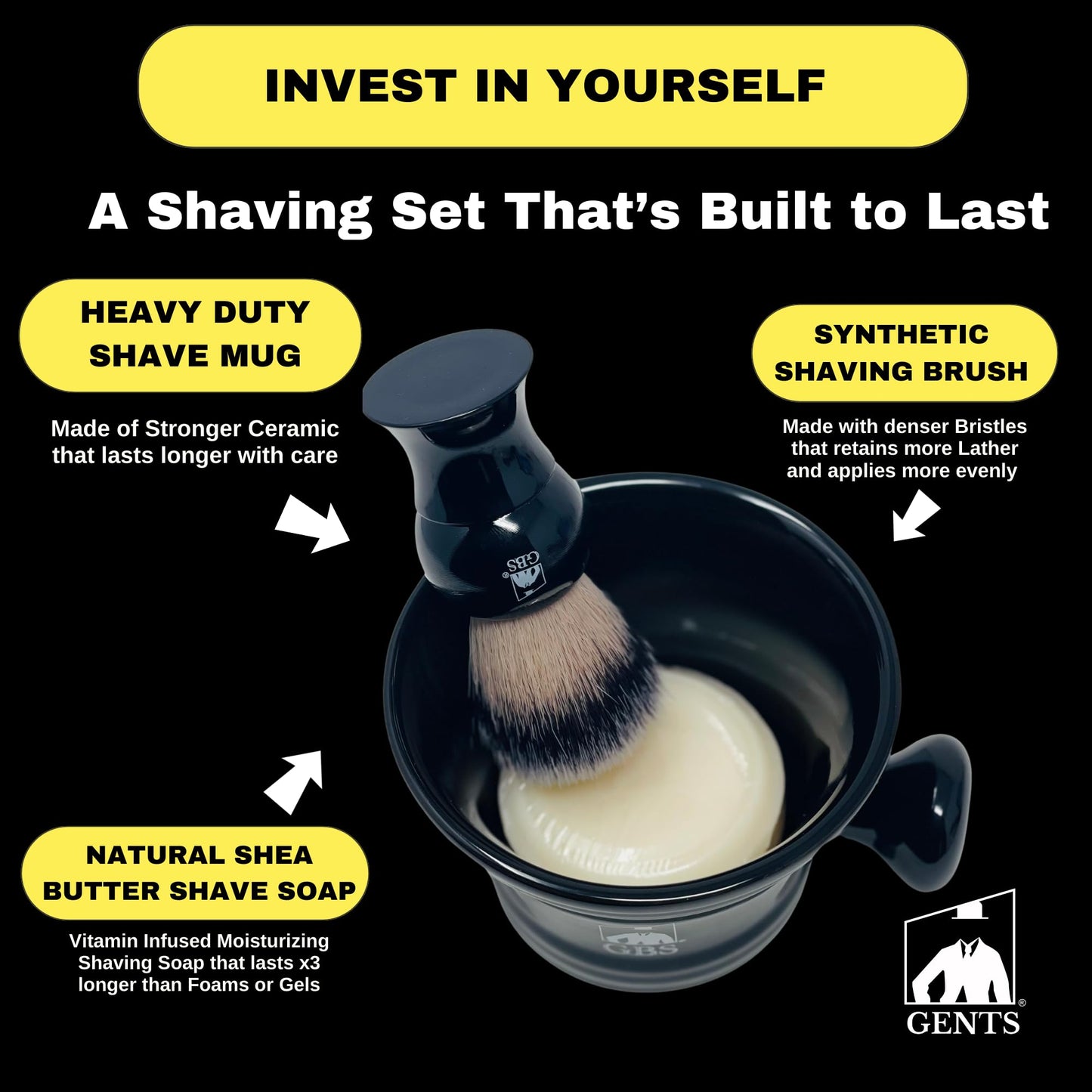 G.B.S GENTS Men’s Wet Shaving Kit - Complete 4-Piece Set with Heavy Duty Ceramic Bowl, Synthetic Shave Brush, Stand & Natural Shea Butter Lather Soap (Black)
