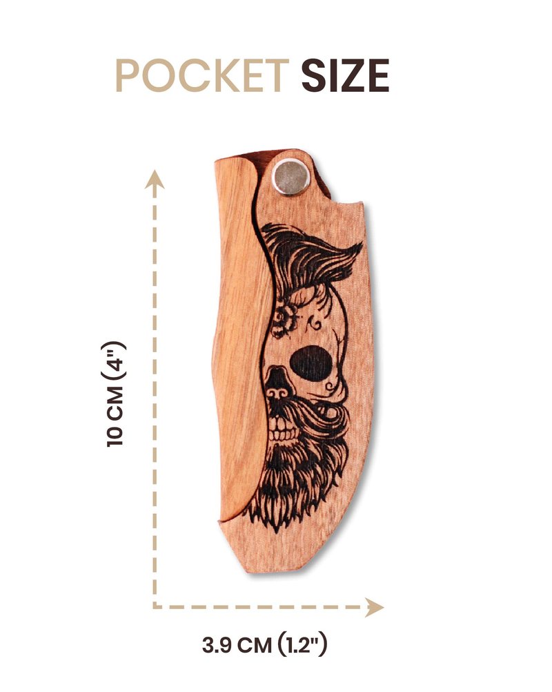 Beard Comb Gifts for Him Wooden Comb for Men Folding Pocket for Moustache Hair Walnut Combs Husband with the Engraving (Skull)