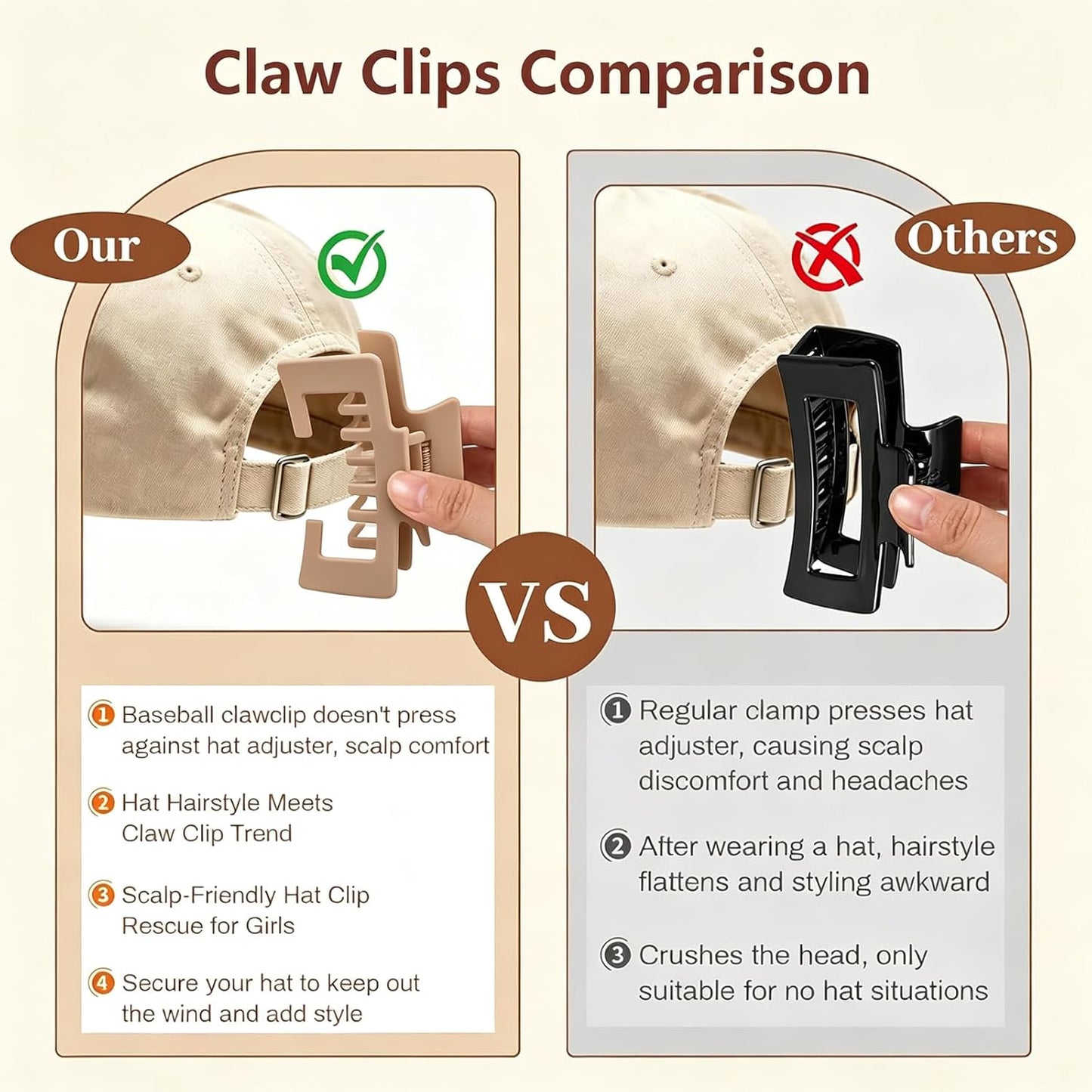 Hat-Friendly Claw Clips - 4 Pack Large Strong Hold Clips for Baseball Caps | Matte Finish Hair Accessories for Thick or Thin Hair