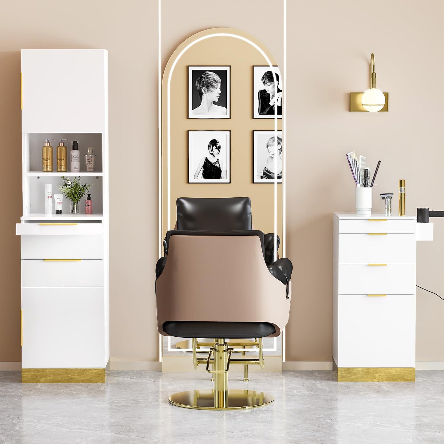 OmySalon Salon Station, Barber Station for Hair Stylist, Storage Cabinet with Stainless Steel Finish & Drawers & Heat Resistant Dryer Holders, Modern Style for Barbershop, White