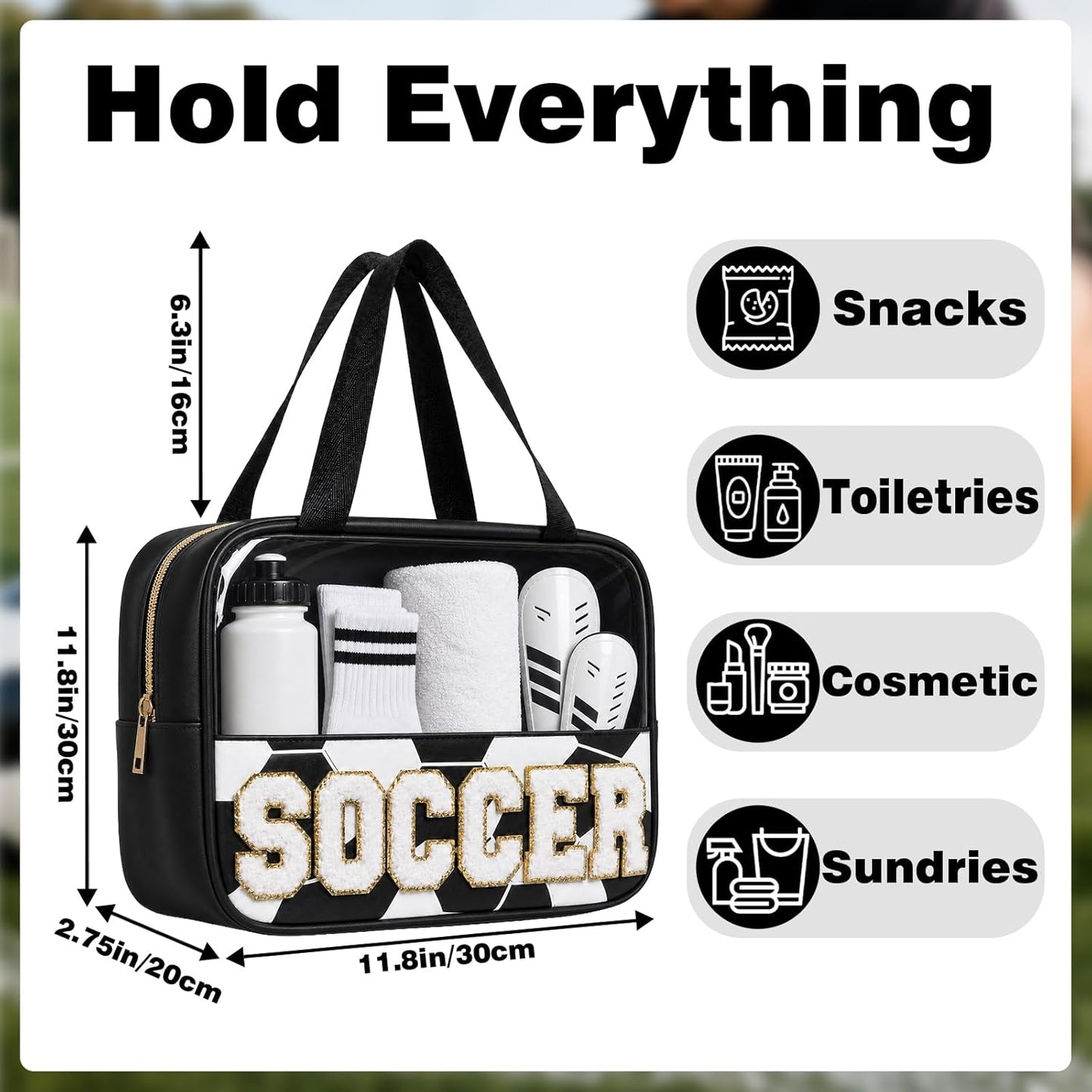 Clear Soccer Makeup Bag for Girls - Chenille Letter Design | Portable Travel Toiletry Pouch