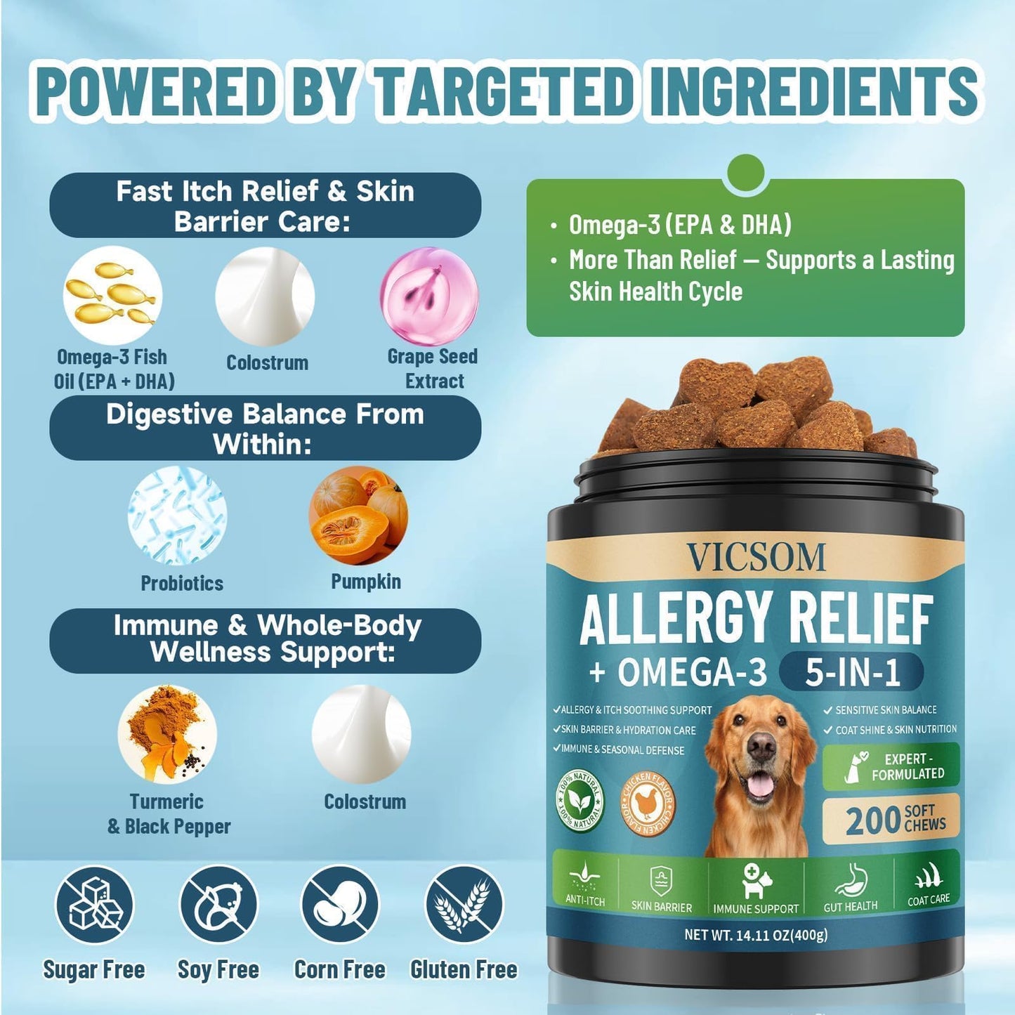 Dog Allergy Chews Omega 3 is Human, Dog Allergy Relief Itch Relief, 200 Chews Anti-Itch for Dogs Itchy Skin, Ear & Paw Licking, Allergy Relief Chews with Probiotics Fish Oil for Gut, Immune & Coat