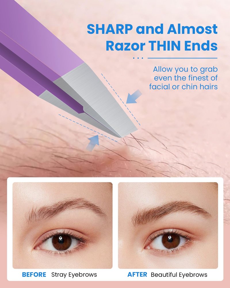Expert Eyebrow Hair Removal Tweezer with Leather Case, GlamTweeler High Precision Slant Tip Stainless Steel Tweezers for Men and Women (Glitter Silver)