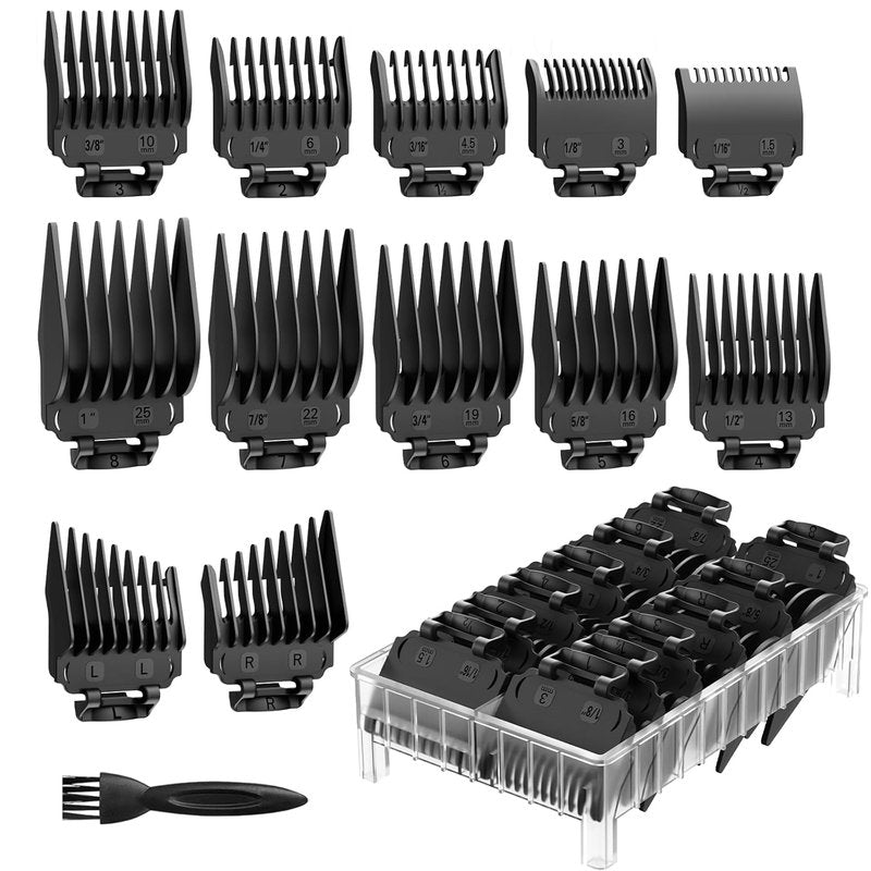 Professional Hair Clipper Guards Set - 14-Piece Replacement Guides Compatible with Wahl Clippers | 1/16" to 1" Sizes, Black
