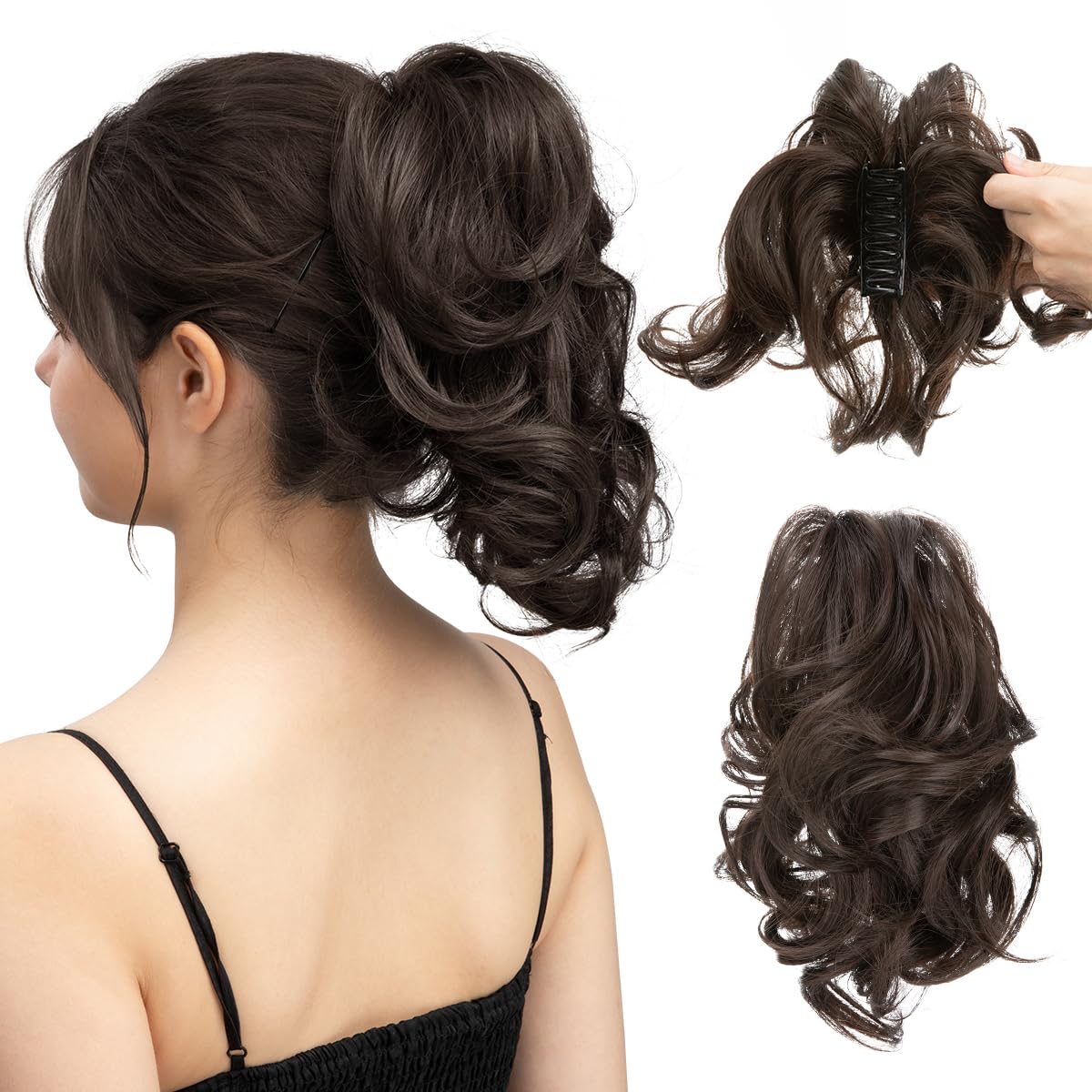 CJL Hair Claw Clip Short Ponytail Extensions - Bendable Metal Messy Bun Piece | Wavy Curly Synthetic Hair, Ash Grey