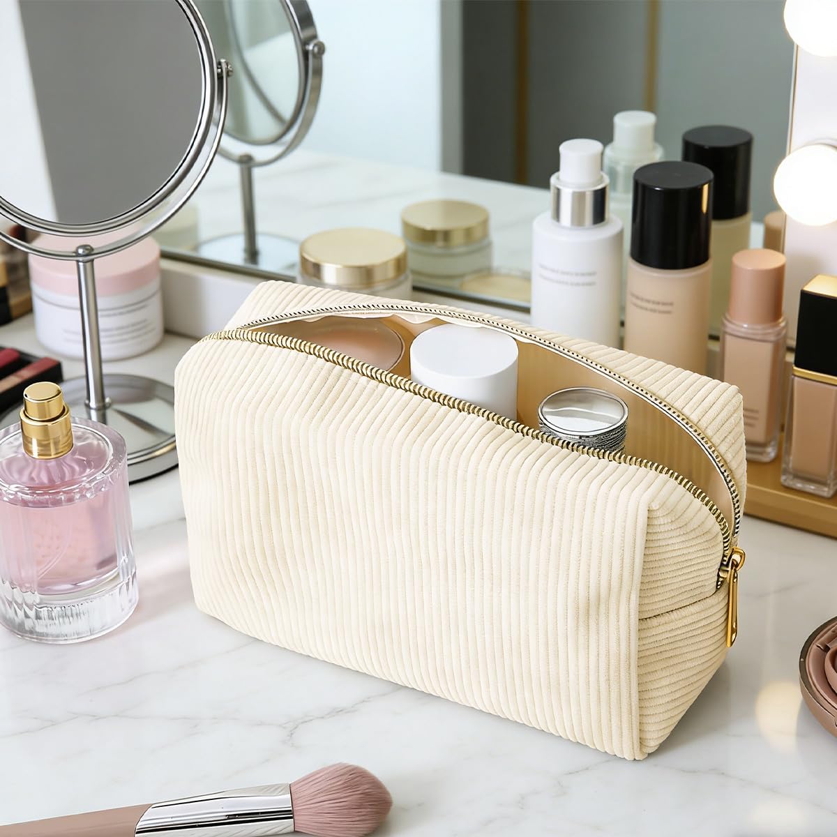 Ordeonrus 3 PCS Small Makeup Bag Set for Women Corduroy Cosmetic Bags Aesthetic Travel Toiletry Bag Cute Pencil Case for School Christmas Holiday Organizer Gifts