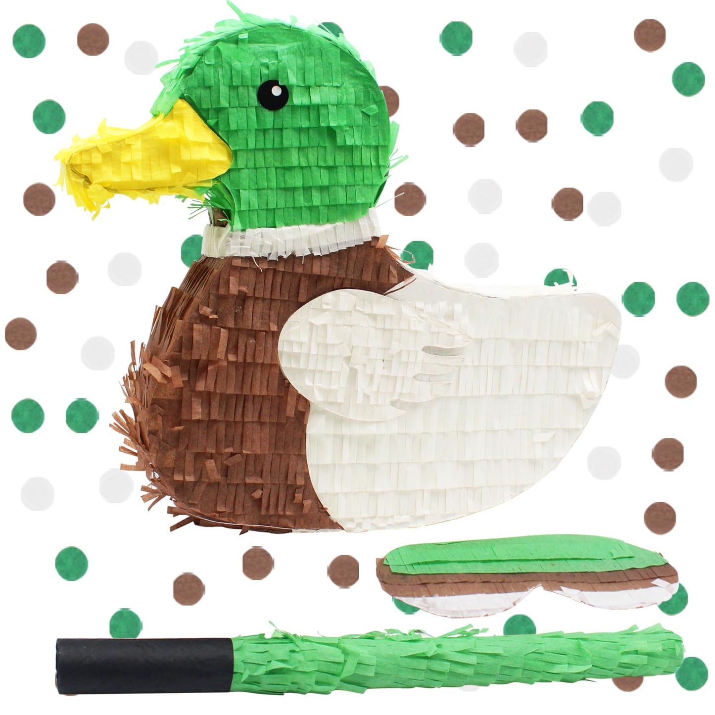 Mallard Duck Pinata Bundle with Stick, Blindfold, Bat, Gender Reveal Confetti for Duck Hunting Birthday One Lucky Party Decoration Farm Animal Theme Party Supplies