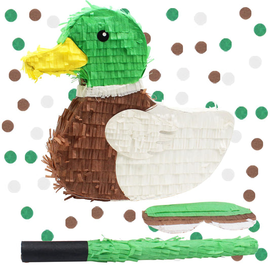 Mallard Duck Pinata Bundle with Stick, Blindfold, Bat, Gender Reveal Confetti for Duck Hunting Birthday One Lucky Party Decoration Farm Animal Theme Party Supplies