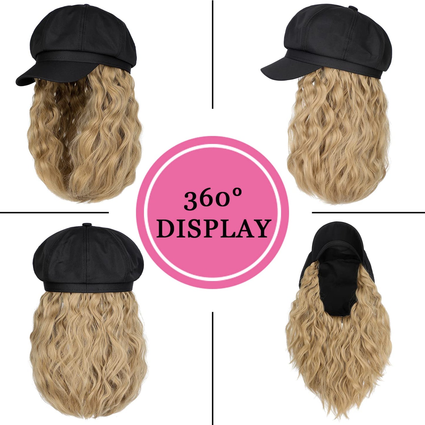 Cephermer Newsboy Cap with 10 Inch Wavy Curly Hair Extensions for Women Hat Attached Synthetic Wig Short Extensions 14 Inch in Length (with Newsboy Cap)
