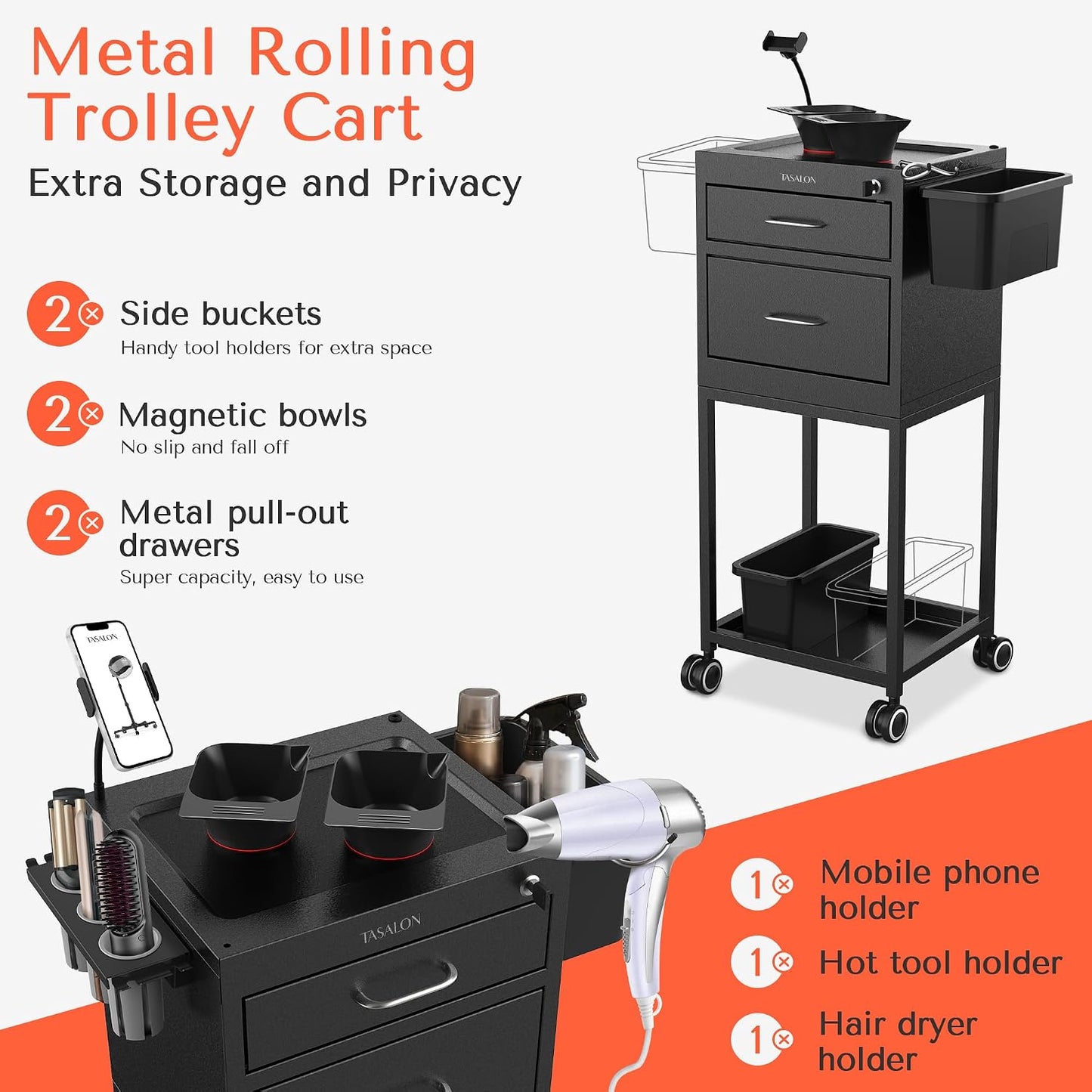 Metal Lockable Salon Cart with Wheels - Rolling Barber Trolley for Hair Stylists | 2 Magnetic Bowls & Drawers
