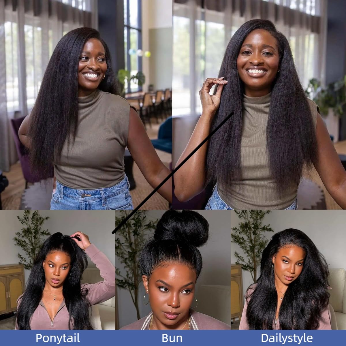V Part Human Hair Wig - 250 Density 22 Inch Kinky Straight | Glueless, No Sew, Clip-In Design