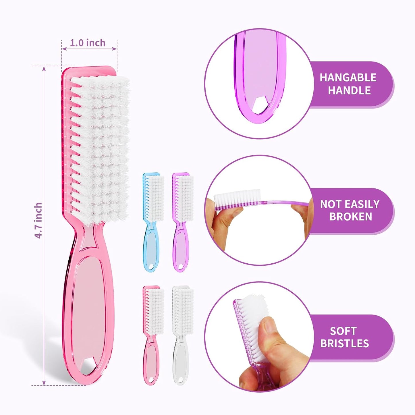 Cleaning Brushes Set - 12 Pcs Clear Pink Handle Grip for Manicure & Pedicure | Fingernail & Toenail Scrub
