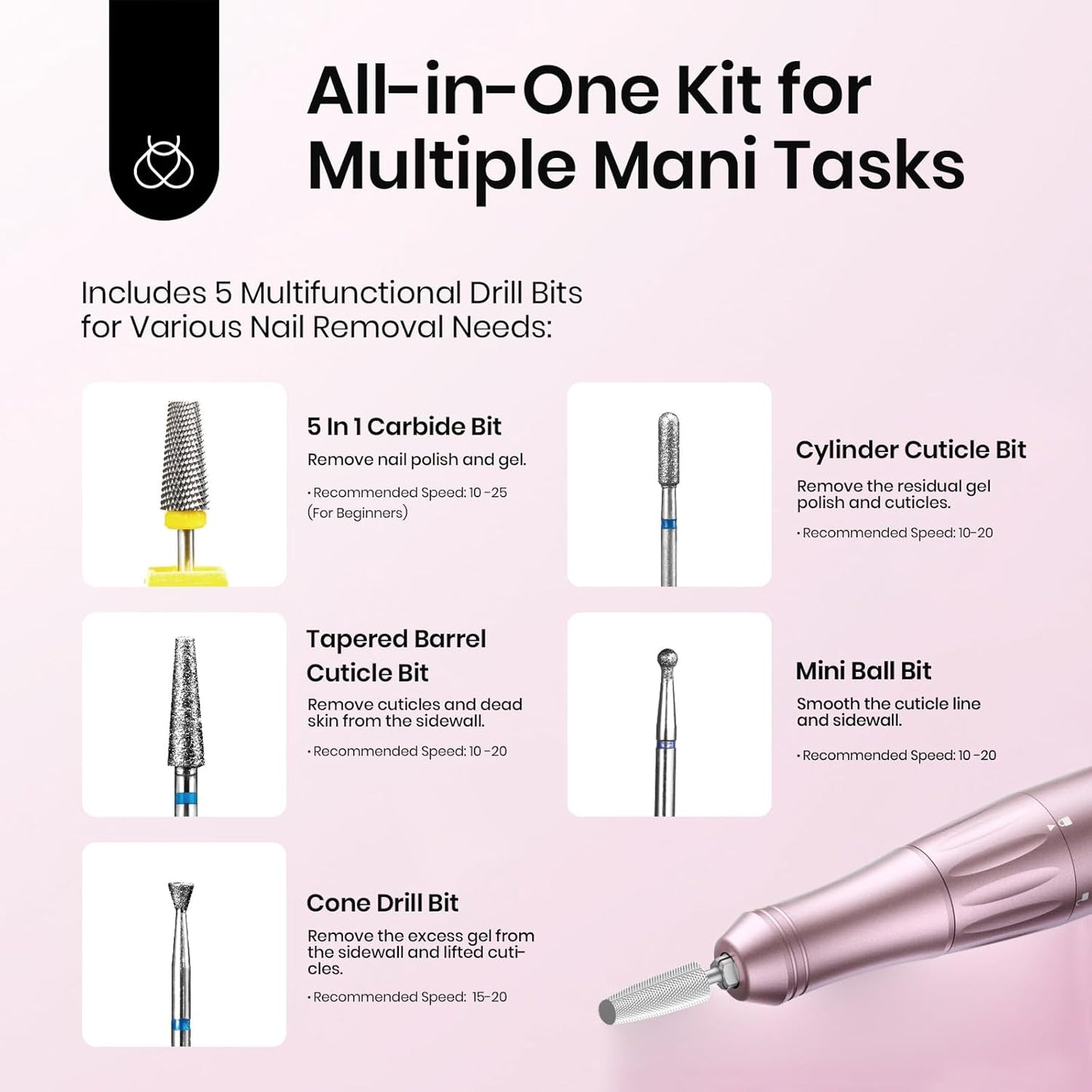 Beetles Electric Nail Drill - Cordless 35 Speed Portable Polishing Set | Rose Gold, Long Battery Life for Home & Salon Use