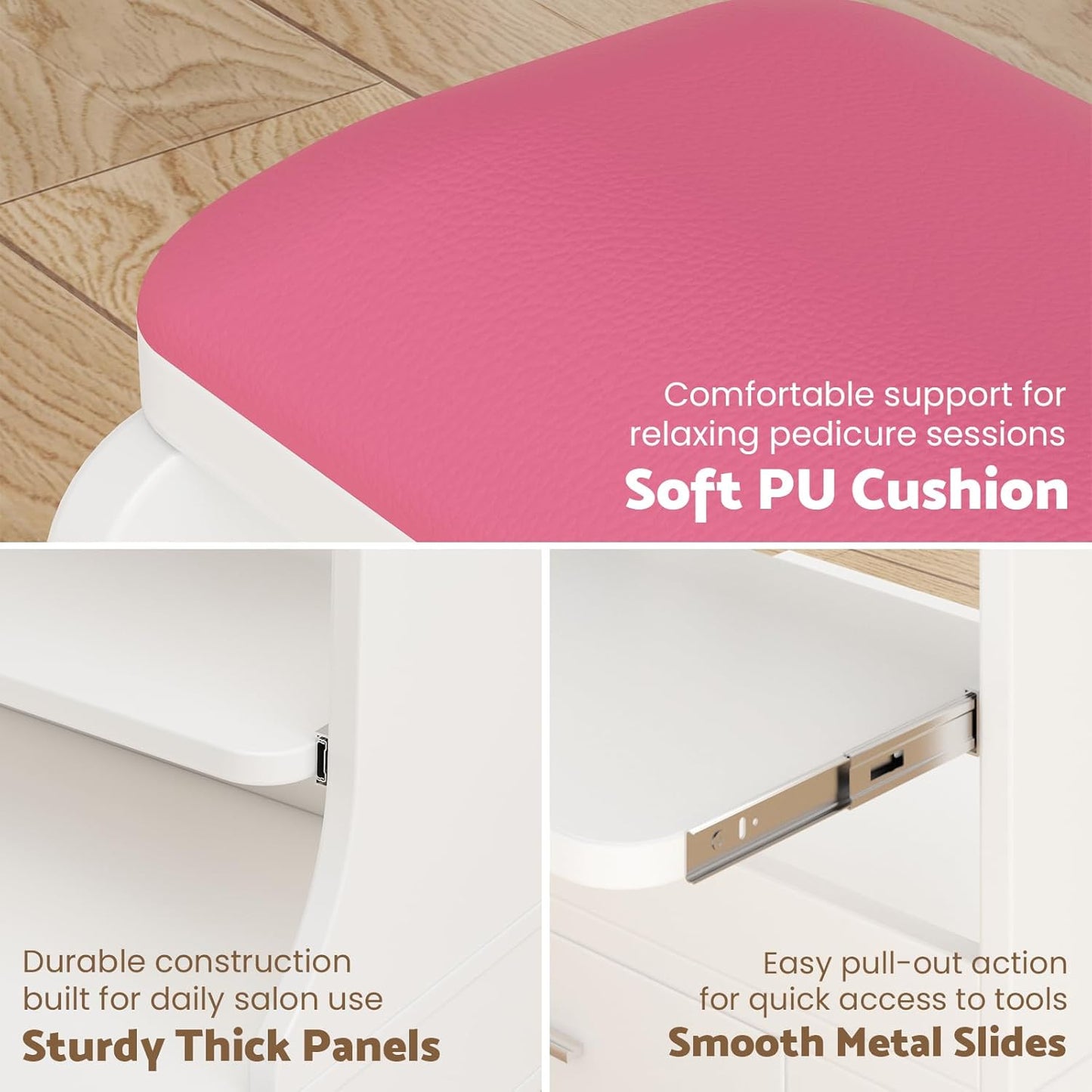 Rolling Pedicure Foot Rest Stool - PU Cushion Spa Station with Storage & Wheels | Pink
