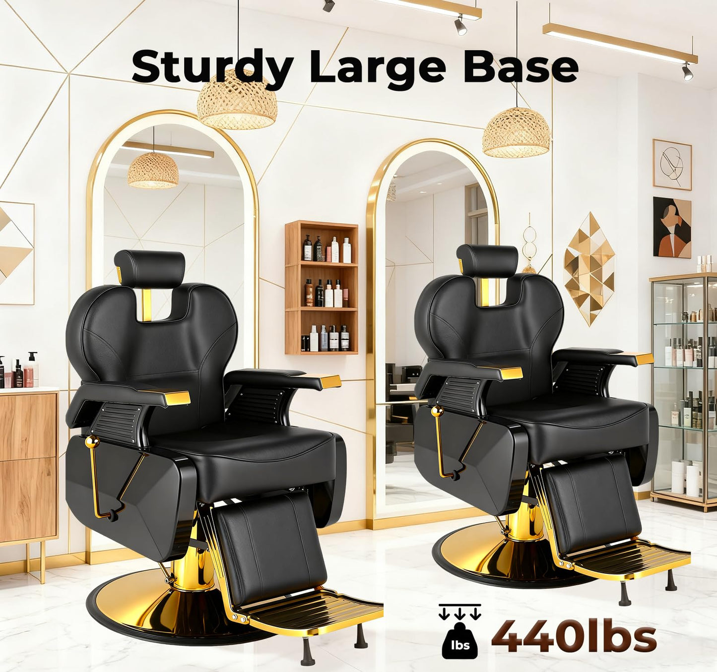 Black and Gold Barber Chair, Heavy Duty Hydraulic Reclining Barber Chair for Barbershop w/ Adjustable Headrest & Footrest, 360° Swivel Studry Frame barber Chair for home, Spa, Tattoo, Beauty Salon