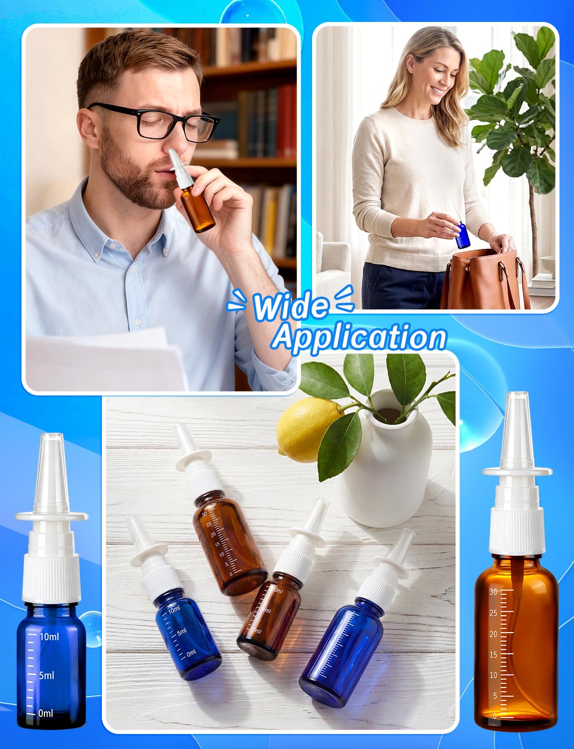 ZHWKMYP 10 Pcs Nasal Spray Bottle, 30ML/1oz 6Pcs Empty Refillable Brown Blue Scale Nasal Nose Spray Bottles with 2 Funnels and 2 Labels