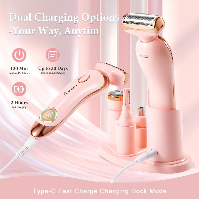 Electric Shaver for Legs Pubic Body Hair, 4 in 1 Bikini Trimmer for Women, Replaceable Lady Facial Nose Razor, IPX7 Waterproof Rechargeable Women's Grooming Kit