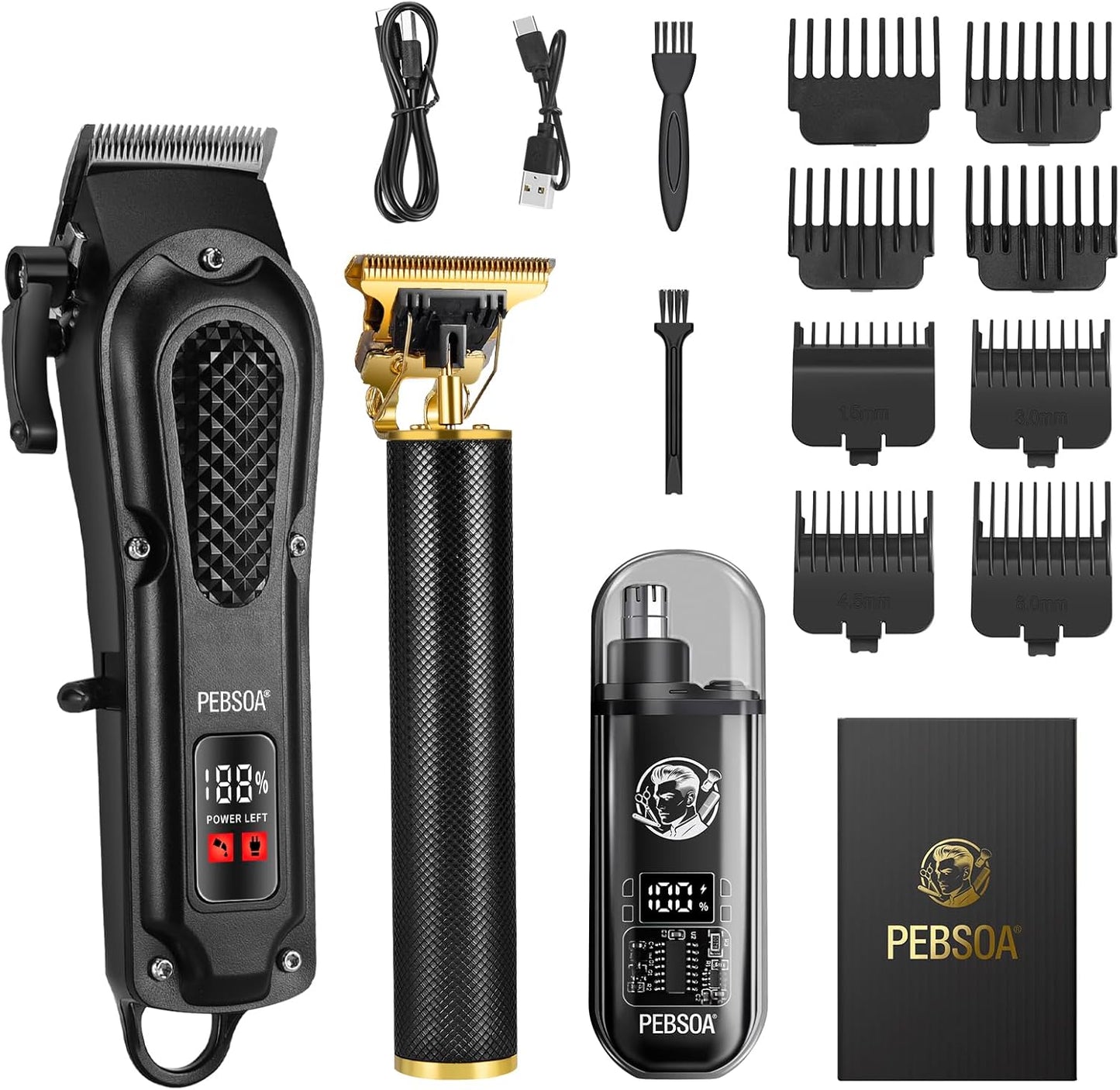 Professional Men's Hair Trimmer Set - Cordless Clippers with T-Shaped & Nose Hair Trimmer | LCD Battery Display, Black
