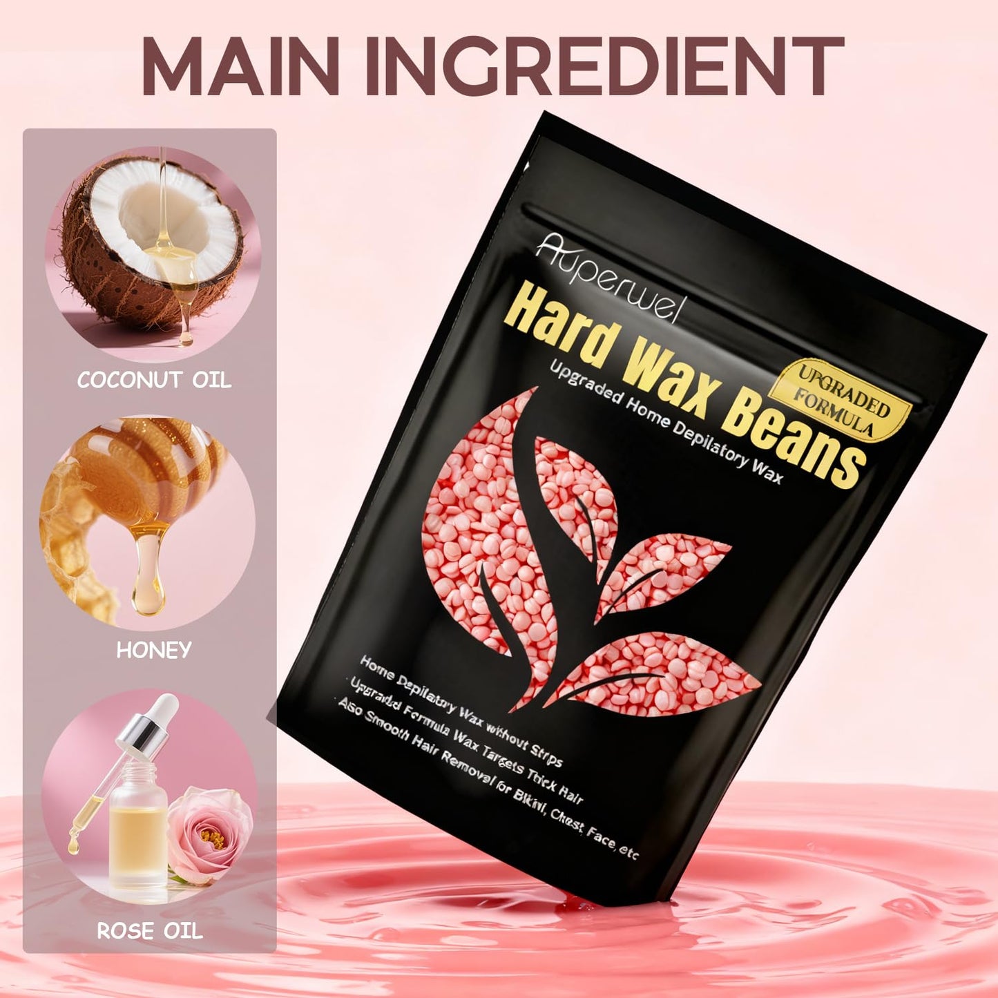 Auperwel Wax Beads Coarse Hair Formula, 10.5oz/300g Painless Hard Wax Beads for Hair Removal and Senstive Skin, Waxing Beads for Face, Eyebrow Brazilian Bikini Waxing with 10pcs Sticks(Aloe Rose)