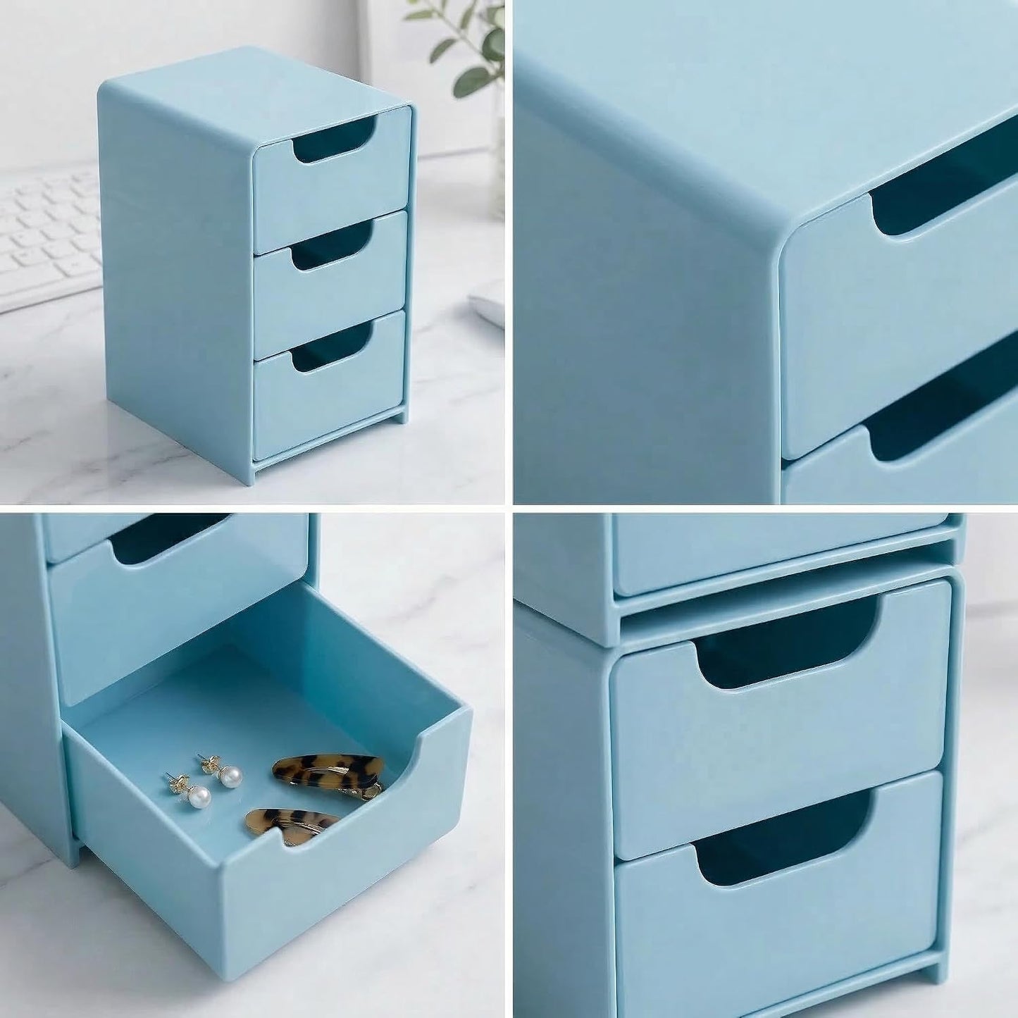 Mini Blue Plastic 3-Drawer Organizer - Hair Accessories & Makeup Storage | Compact Desktop Box for Girls