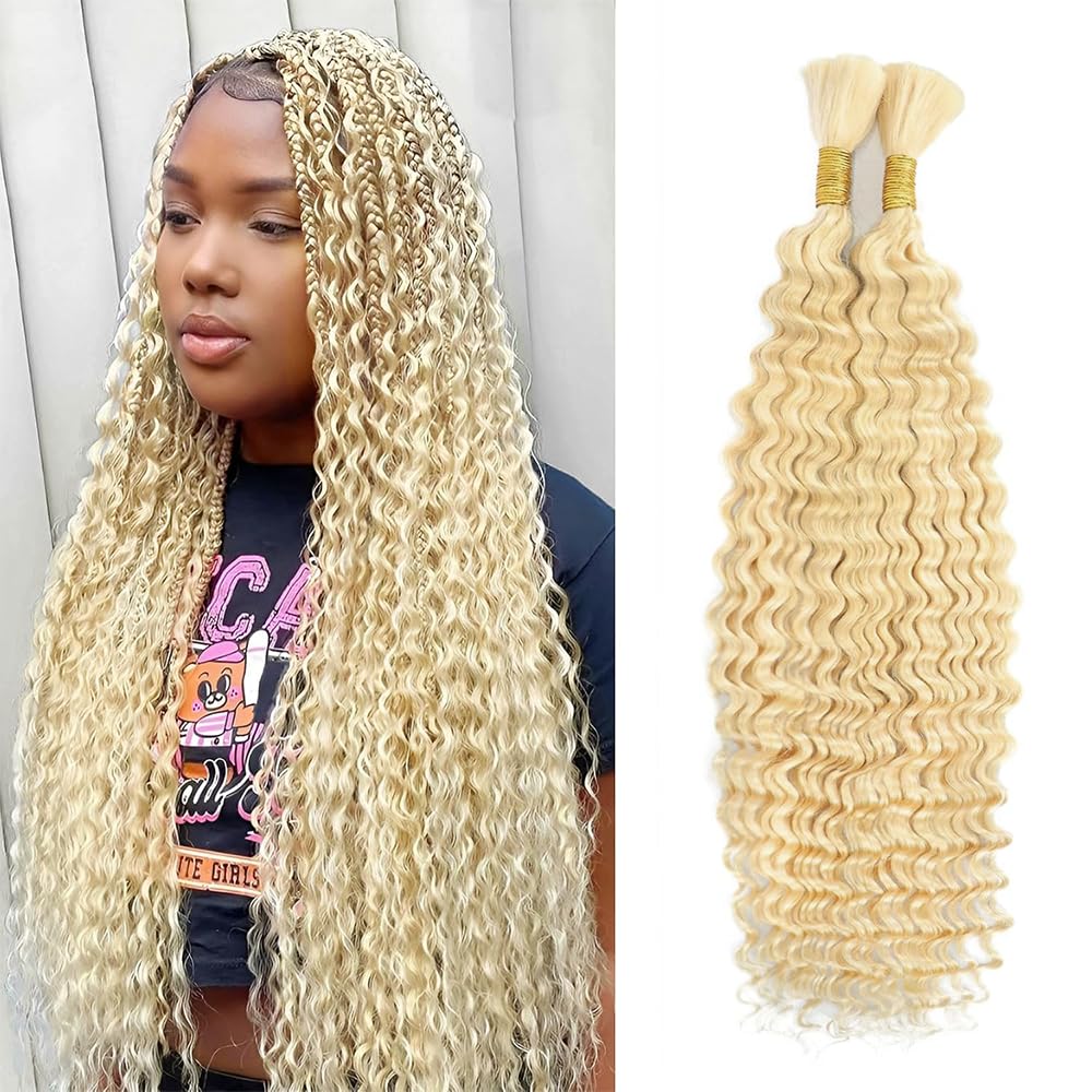 GveoXvo Blonde Boho Hair For Braiding Deep Wave Human Braiding Hair 100g 24 Inch 613 Deep Wave Braiding Hair for Bohemian Knotless Braids No Weft 2 Braids