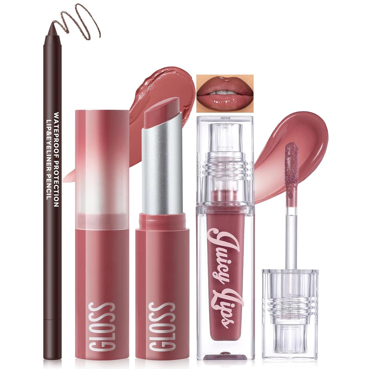 Lip Combo Set - Brown Matte Lip Liner, Hydrating Tinted Balm & Plum Cherry Gloss | Long-Lasting, High Pigment Trio