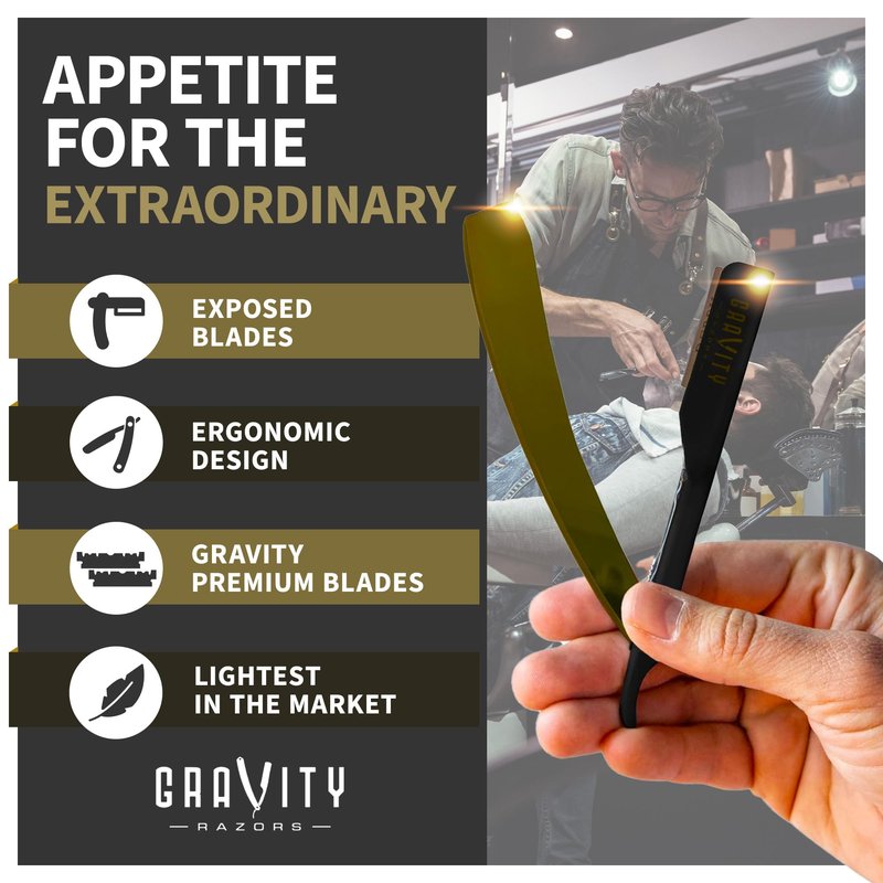 GRAVITY RAZORS Professional Straight Razor Kit – Ultra Exposure, Includes 10 Premium Blades, 2mm Exposed, Gold & Black