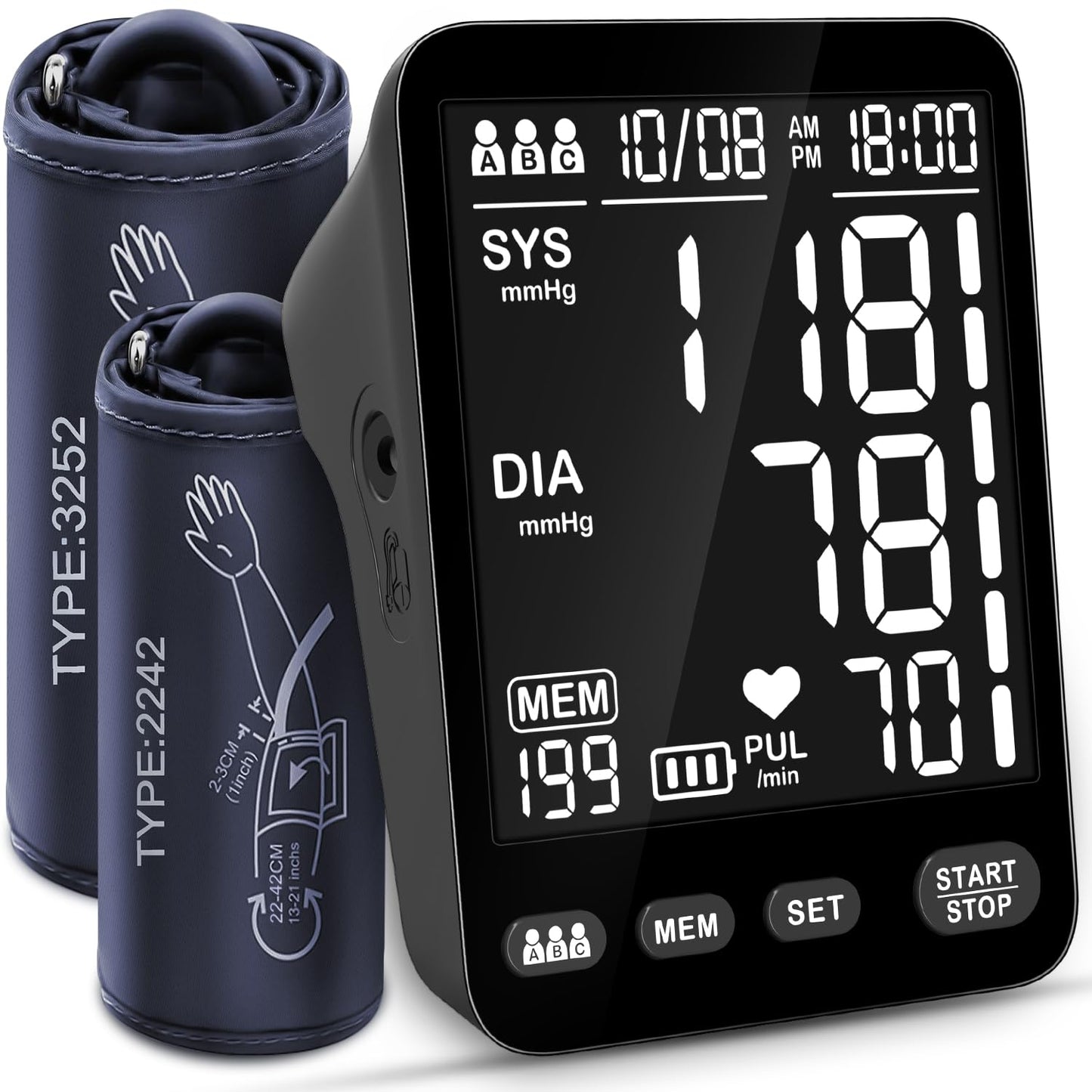 YONLO Blood Pressure Monitor, Automatic Blood Pressure Machine, Blood Pressure Monitors for Home Use, Upper Arm Blood Pressure Cuff 9-17 & 13-21in with Large Backlit Display, 3 Users 199 Sets Memory