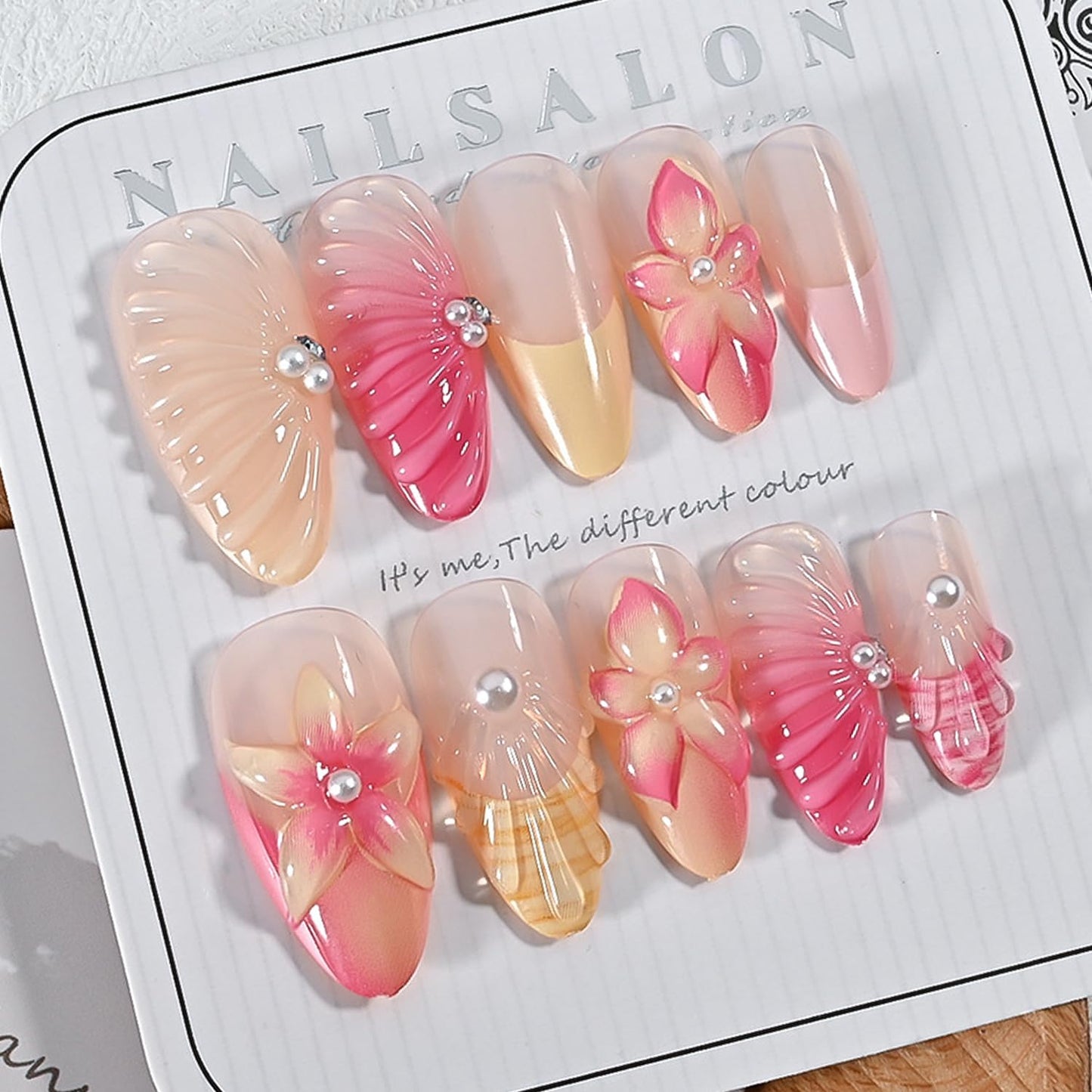 Almond Press On Nails - 30Pcs Medium Fake Nails with 3D Floral Art | Red French Gradient Acrylic for Women