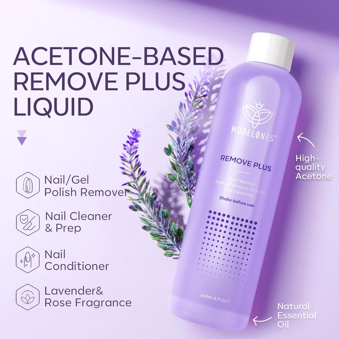 Modelones Nail Polish Remover - Gentle Gel Polish Remover with Jojoba Oil | 8 Fl Oz Lavender for Acrylic & Press-On Nails