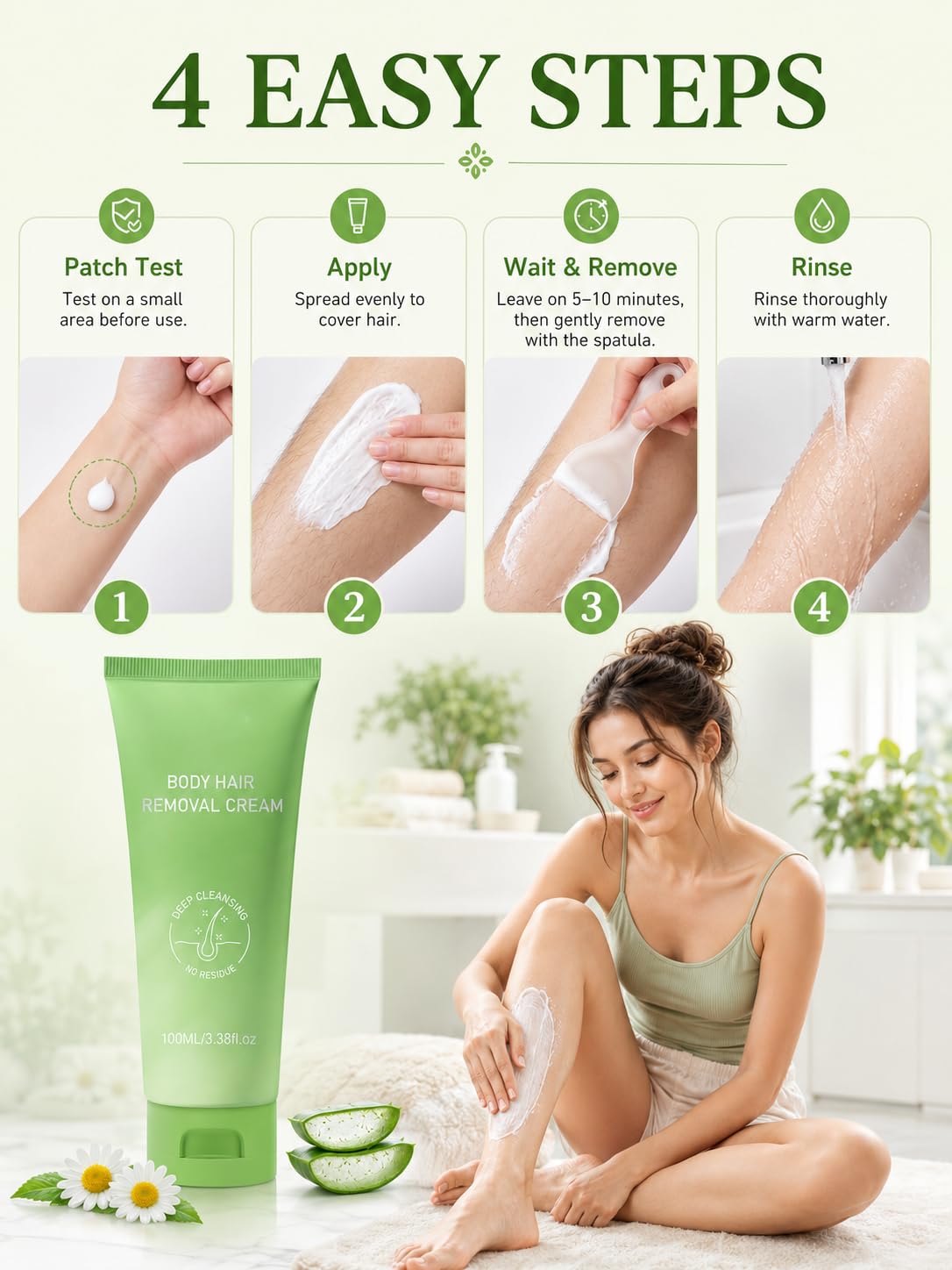 Gentle Hair Removal Cream for Women & Men | Aloe Vera & Chamomile, Smooth Skin for Legs, Arms, Underarms & Bikini Line (3.38 Fl Oz)