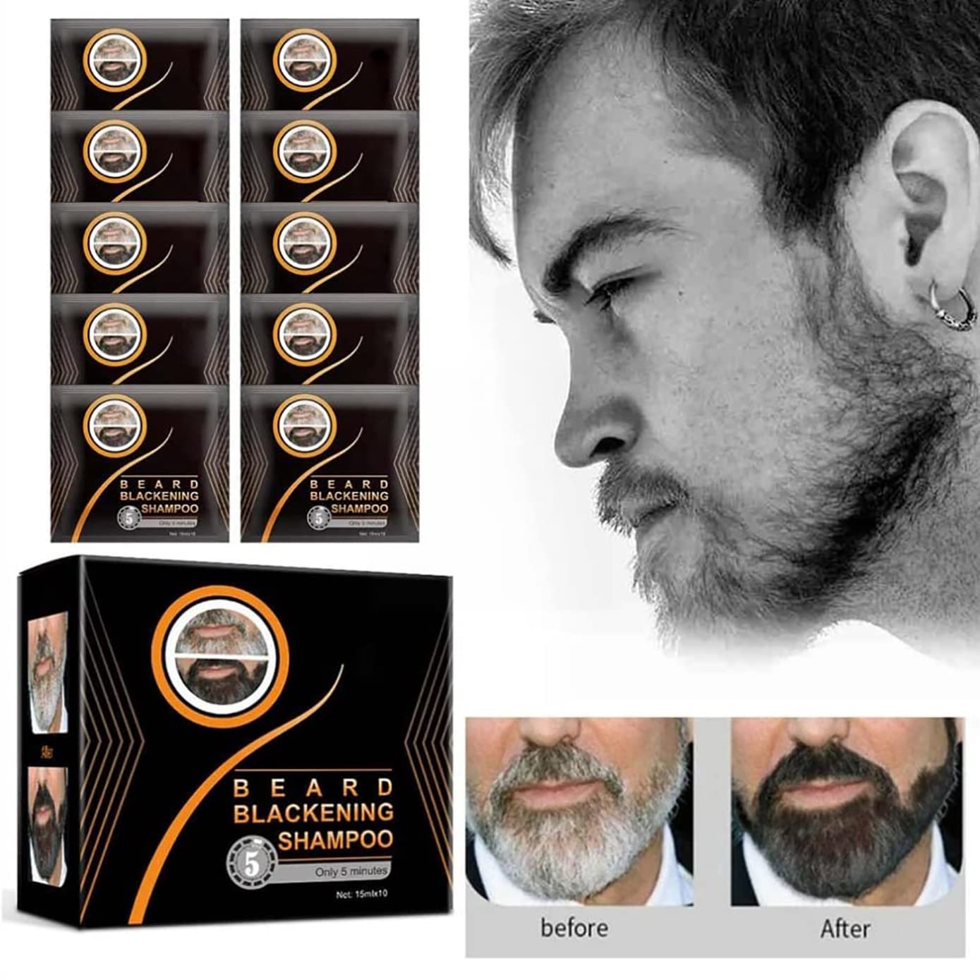 Natural Darkening Beard Blackening Color Shampoo, Beard Coloring for Men Dye Shampoo (1Box/10Pcs)