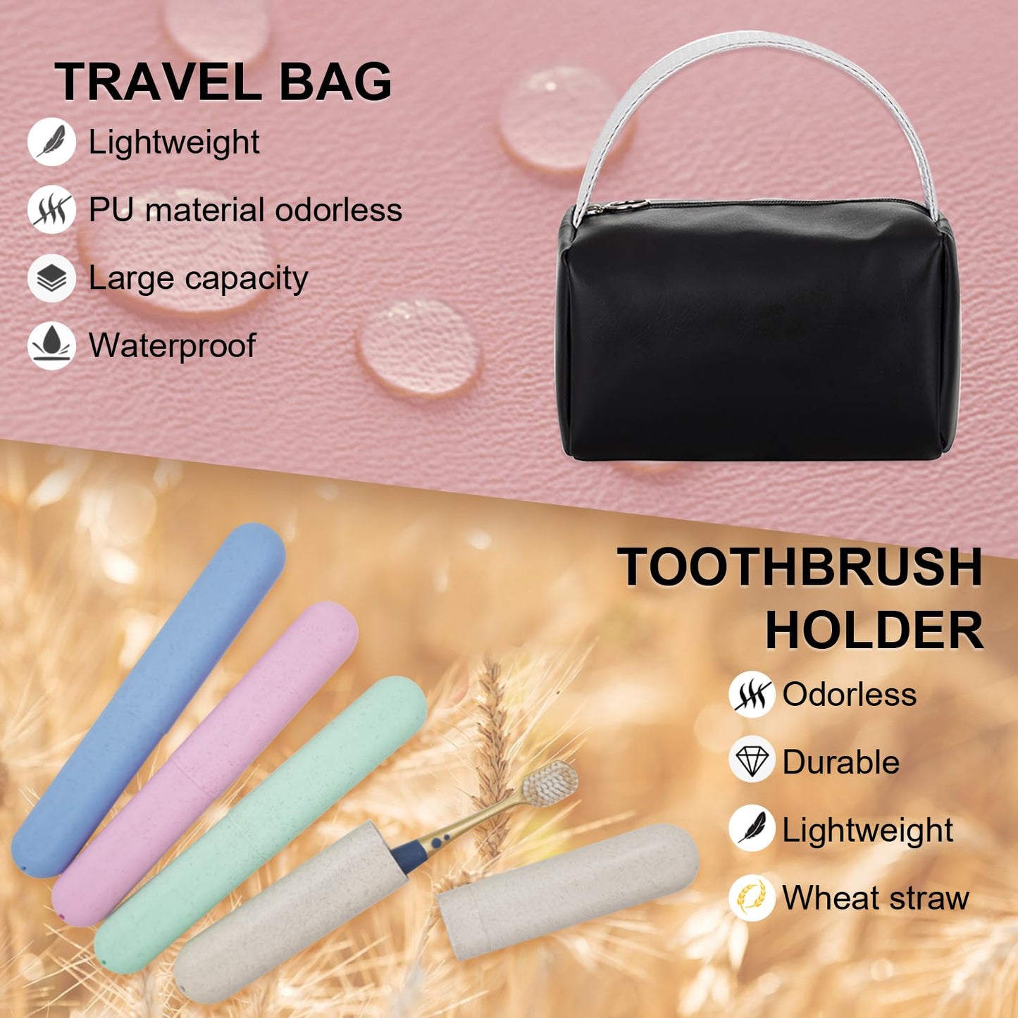 FEHNAG 4 Pack Portable Toothbrush Cases, Breathable Plastic Holders and Leather Travel Toiletry Bags, Organizers for Home, Business, Camping（black）
