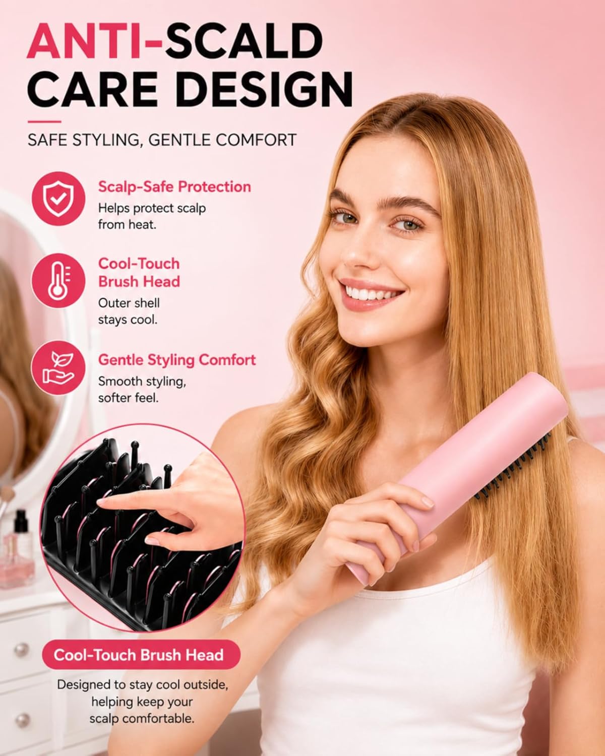 Cordless Hair Straightener Brush - Portable Ionic Styling Tool with 3 Heat Levels | Mirage Pink