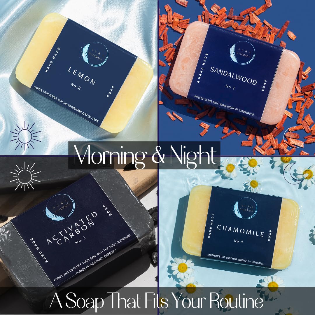 Aura Naturals Mens Bar Soap Pack of 4 - Sandalwood, Lemon, Activated Carbon & Chamomile Scented Natural Soap for Men - 5.3oz Bar - Exfoliating Soaps for Men Body, Hand, Face - Male Soaps Gift Set