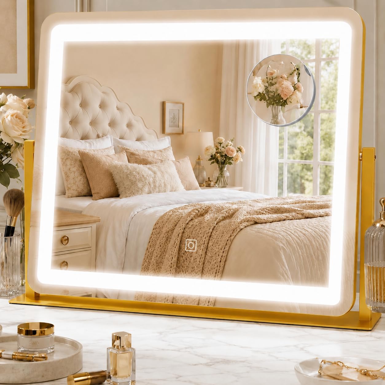 Gold Lighted Makeup Mirror - 15" x 13" Dimmable LED Vanity Mirror with Touch Control | 360° Rotation for Bedroom & Dorm