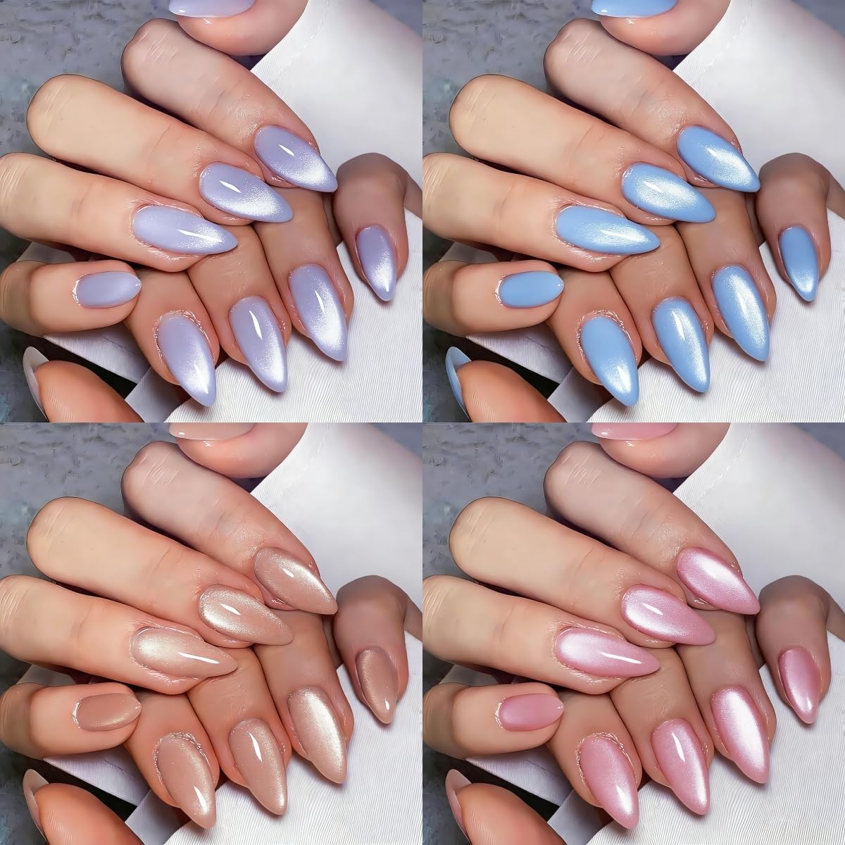 KQueenest Cat Eye Press On Nails - Glitter Almond Medium | 96 Pcs Sparkle Chrome Fake Nails for Women