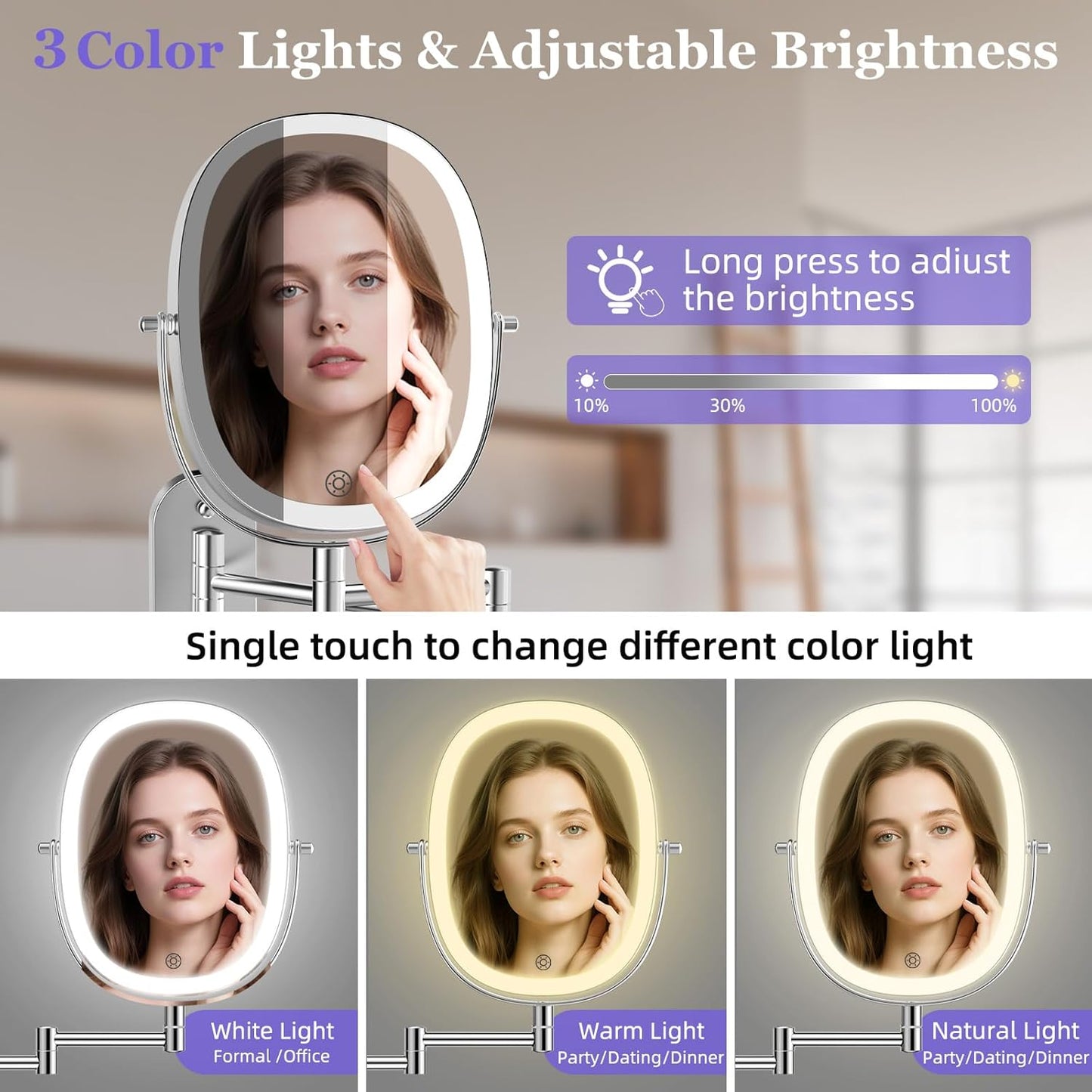FUNTACH 30X/1X Wall Mounted Lighted Makeup Mirror - Rechargeable Double-Sided Magnifying Design | 3 Color Modes, 360° Rotation