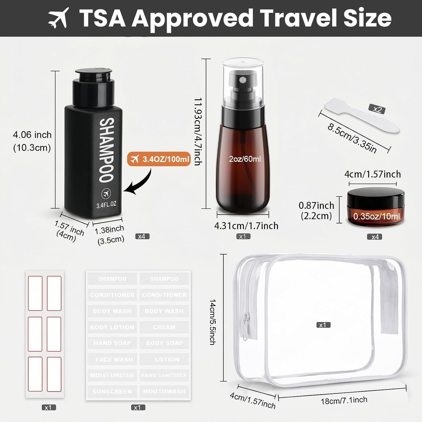 Travel Bottles for Toiletries - 14PCS TSA Approved Leak-Proof Containers | 3.4oz Shampoo, Conditioner, Body Wash, 2oz Spray Bottles, Black