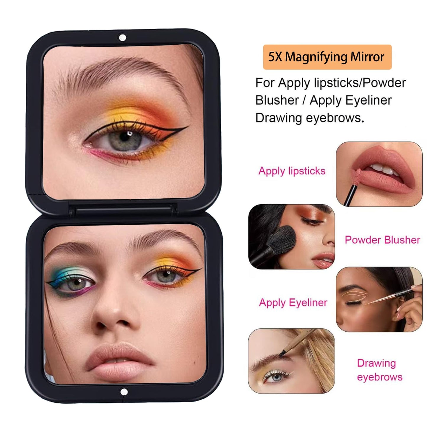 CYHTSHFZ Small Compact Mirror for Purse,5X/1X Travel Magnifying Mirror for Women, Makeup Mirror for Girls, Portable Ultra Slim Pocket Mirror（Black）