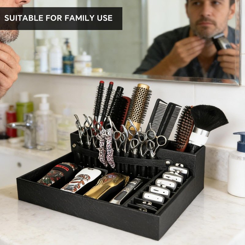 Barber Organizer Tray, 13.9 x 11.2 x 4.4 inch Adjustable Station for Clippers & Guards Scissors, Multifunctional Non-slip Barber&Salon Hair Tools Holder, with PU Leather Exterior Hairdressing Case