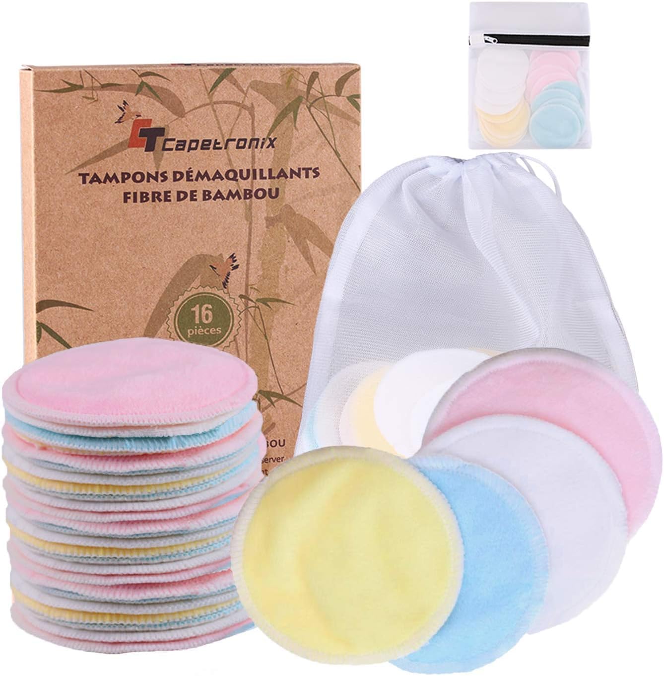 Reusable Makeup Remover Pads - Eco-Friendly Bamboo Cotton Rounds | 16 Pack with 2 Laundry Bags for All Skin Types
