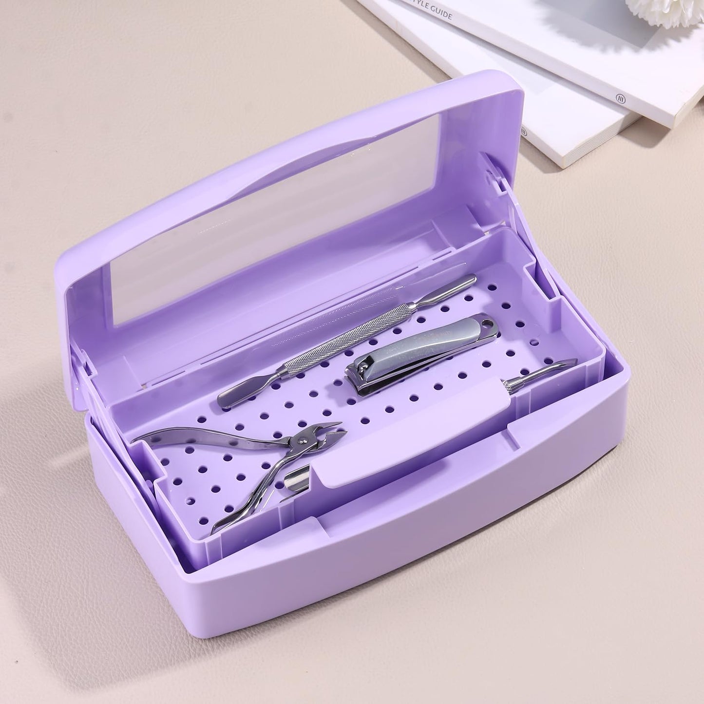 Nail Tool Sterilizer Box Plastic Disinfectant Container for Nail Art Accessories Tools, Sterilizer Soaking Box with Strainer Pedicure Manicure Cleaning Equipment, Purple